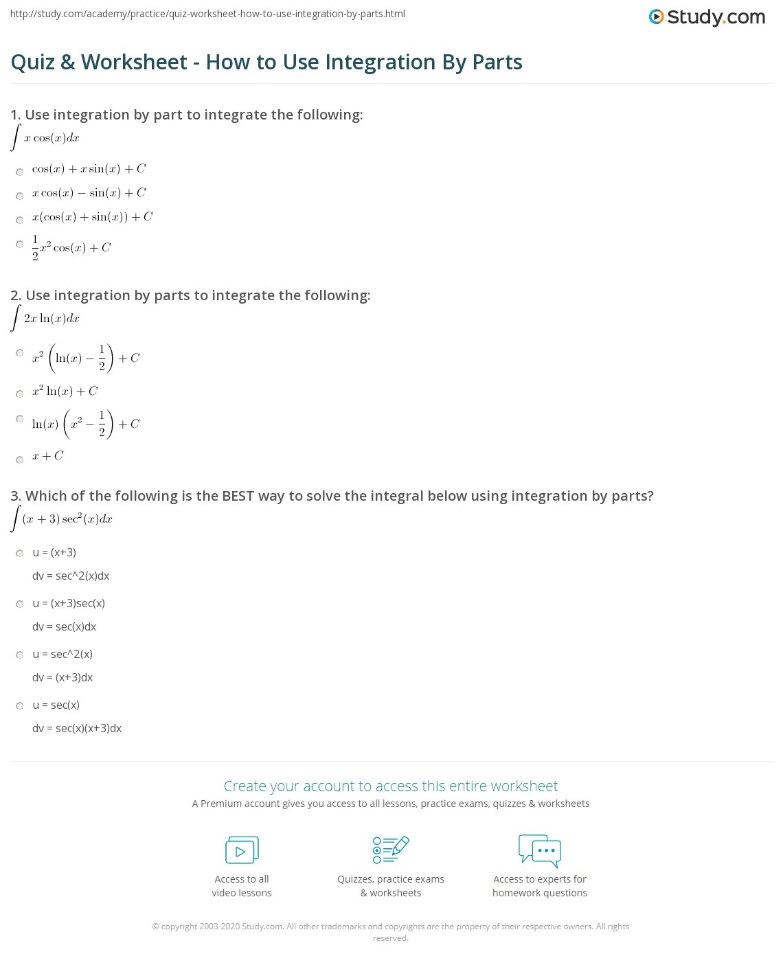 Quiz Worksheet How To Use Integration By Parts Study Quiz Worksheet How To Use Integration By Parts Study
