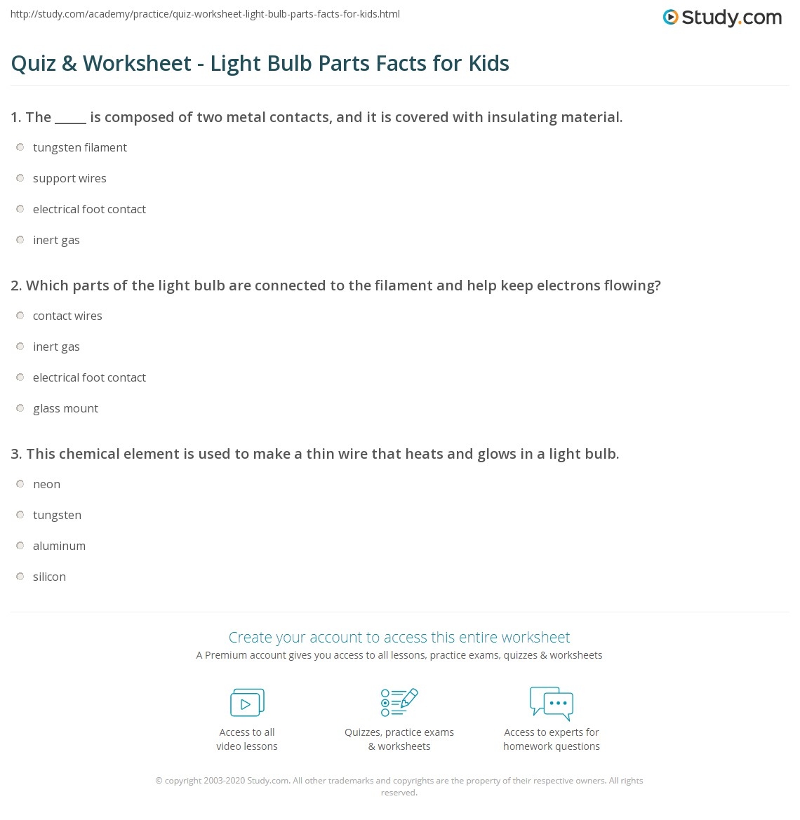 Quiz Worksheet Light Bulb Parts Facts For Kids Study