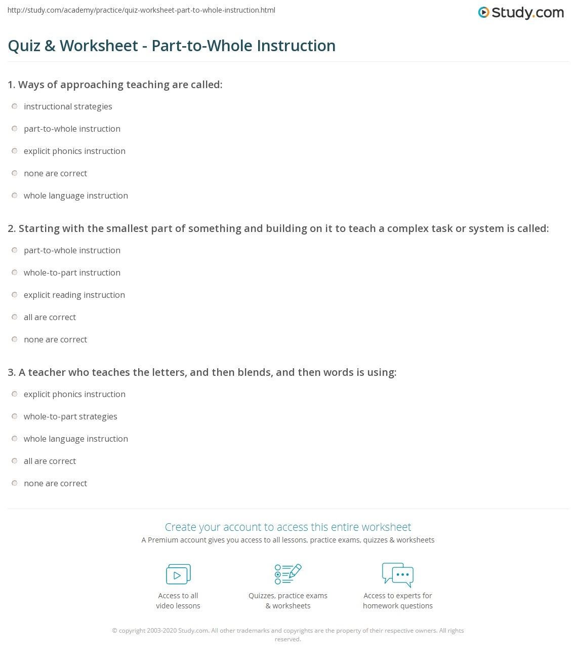 Quiz Worksheet Part To Whole Instruction Study
