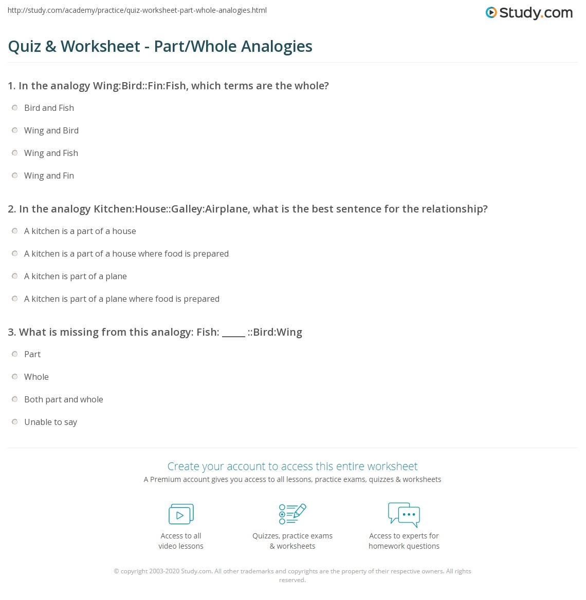 Quiz Worksheet Part Whole Analogies Study