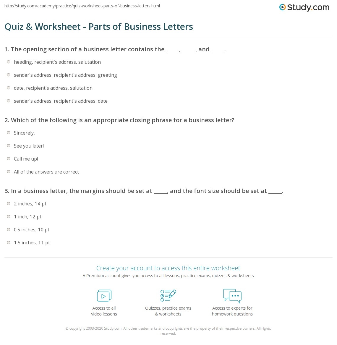 Quiz Worksheet Parts Of Business Letters Study