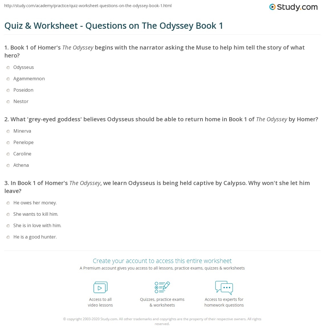 Quiz Worksheet Questions On The Odyssey Book 1 Study Quiz Worksheet Questions On The Odyssey Book 1 Study
