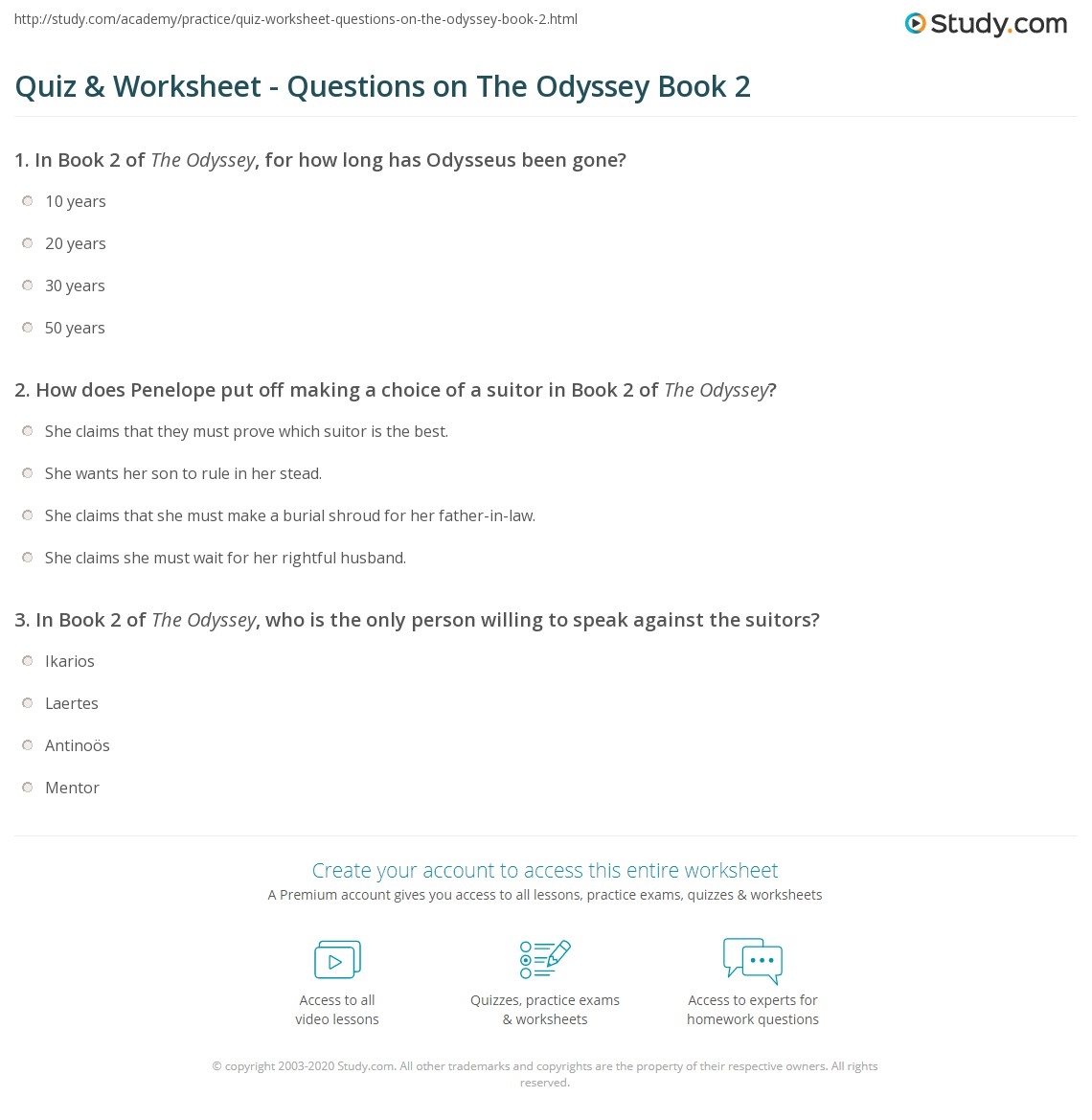 Quiz Worksheet Questions On The Odyssey Book 2 Study
