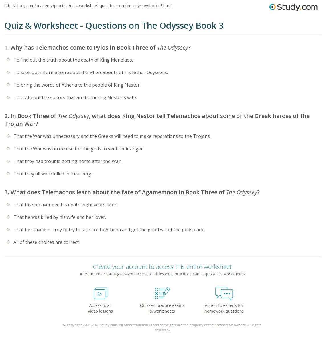 Quiz Worksheet Questions On The Odyssey Book 3 Study