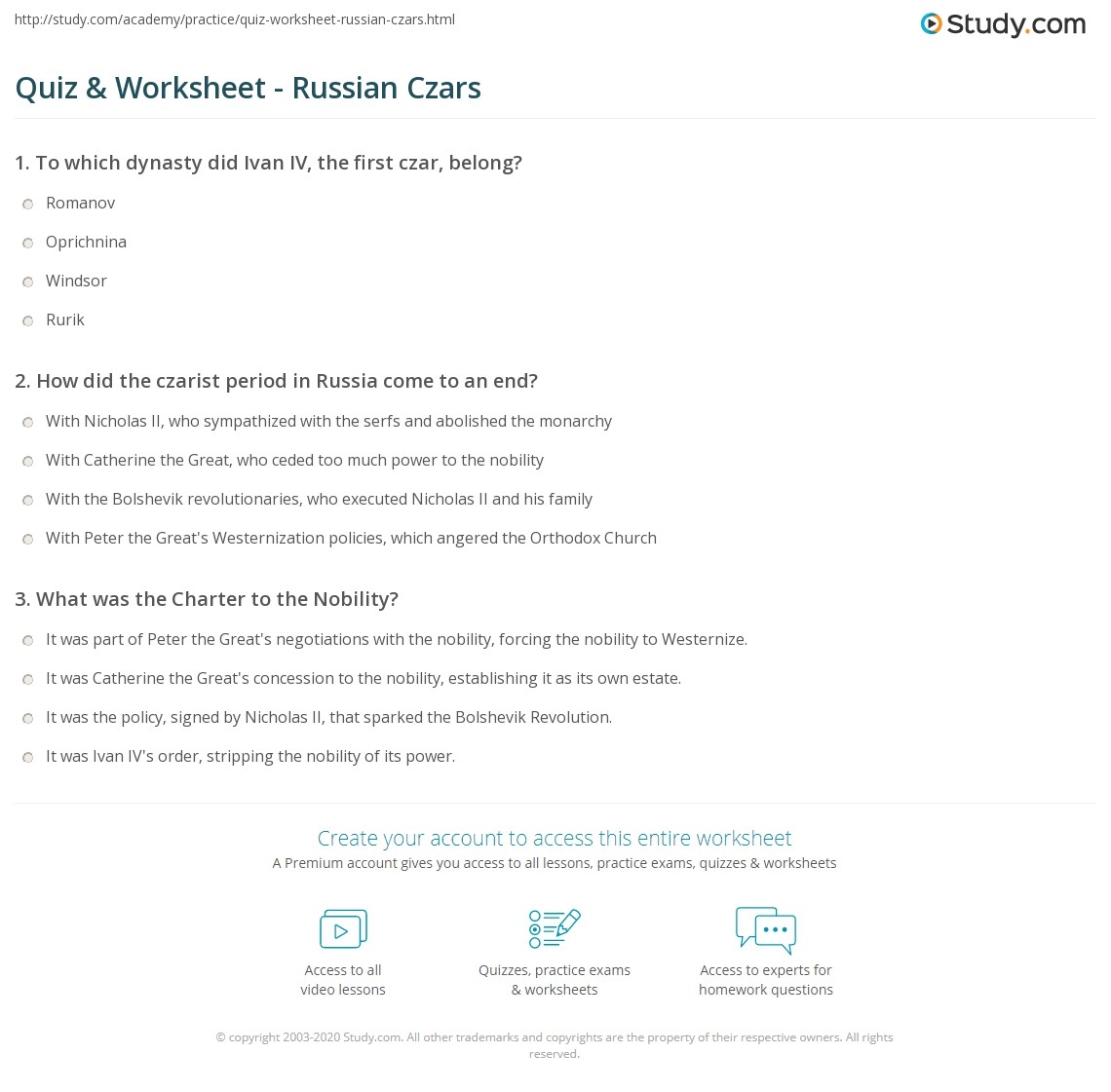 Quiz Worksheet Russian Czars Study