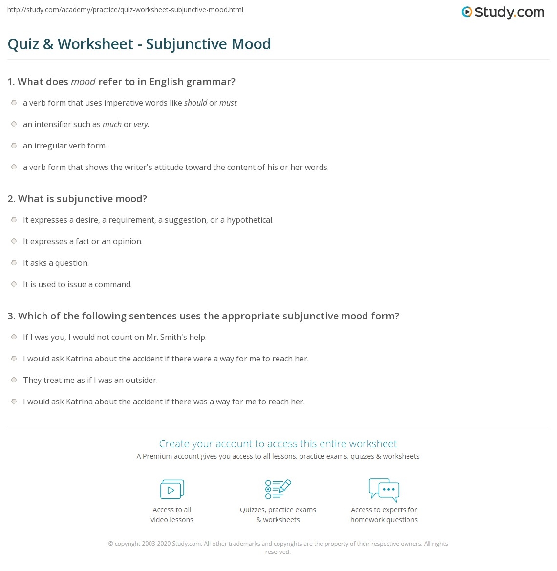 Quiz Worksheet Subjunctive Mood Study