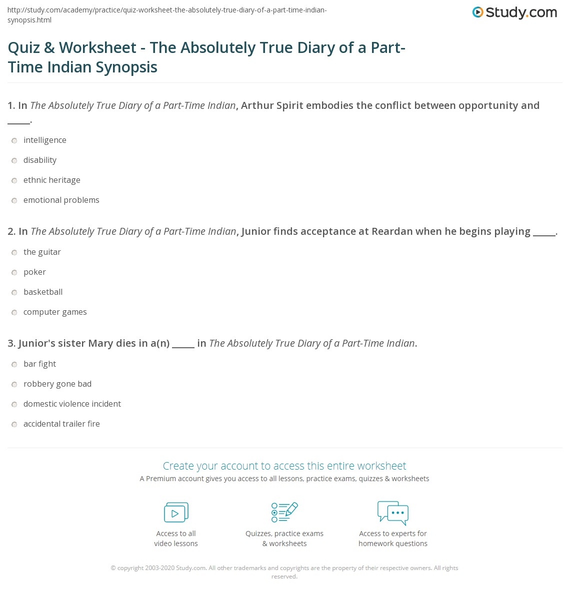 Quiz Worksheet The Absolutely True Diary Of A Part Time Indian Synopsis Study