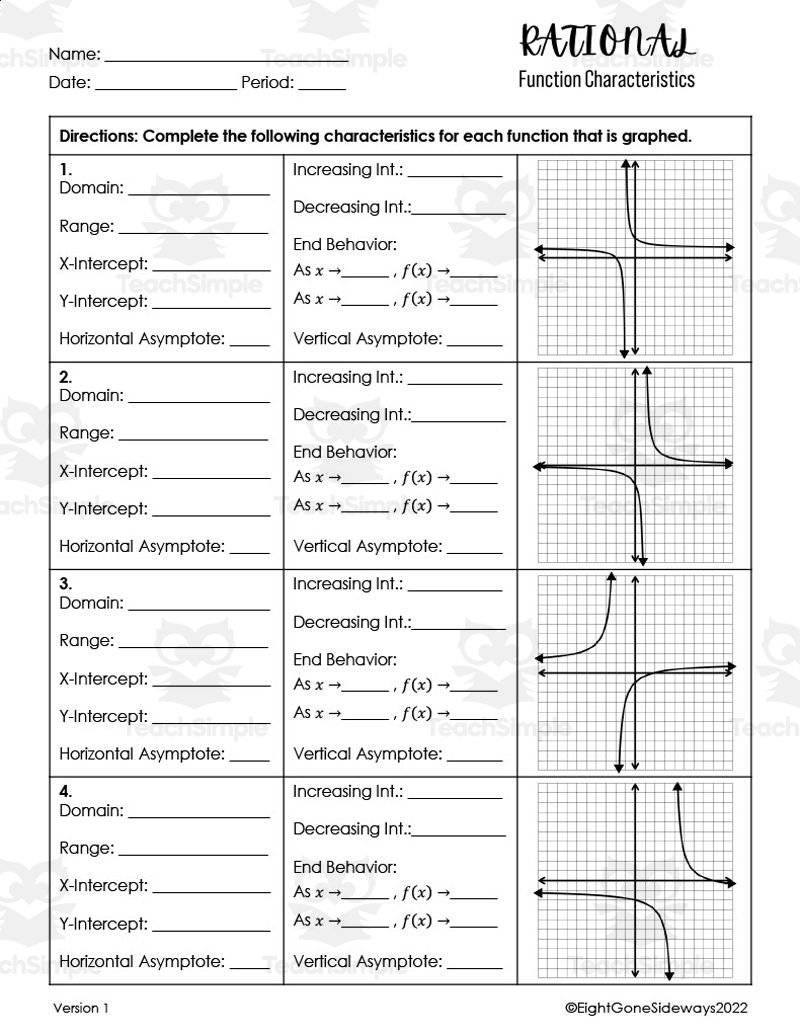Rational Function Characteristic Worksheet By Teach Simple End Behavior Of Rational Functions Stations Activity Math Love
