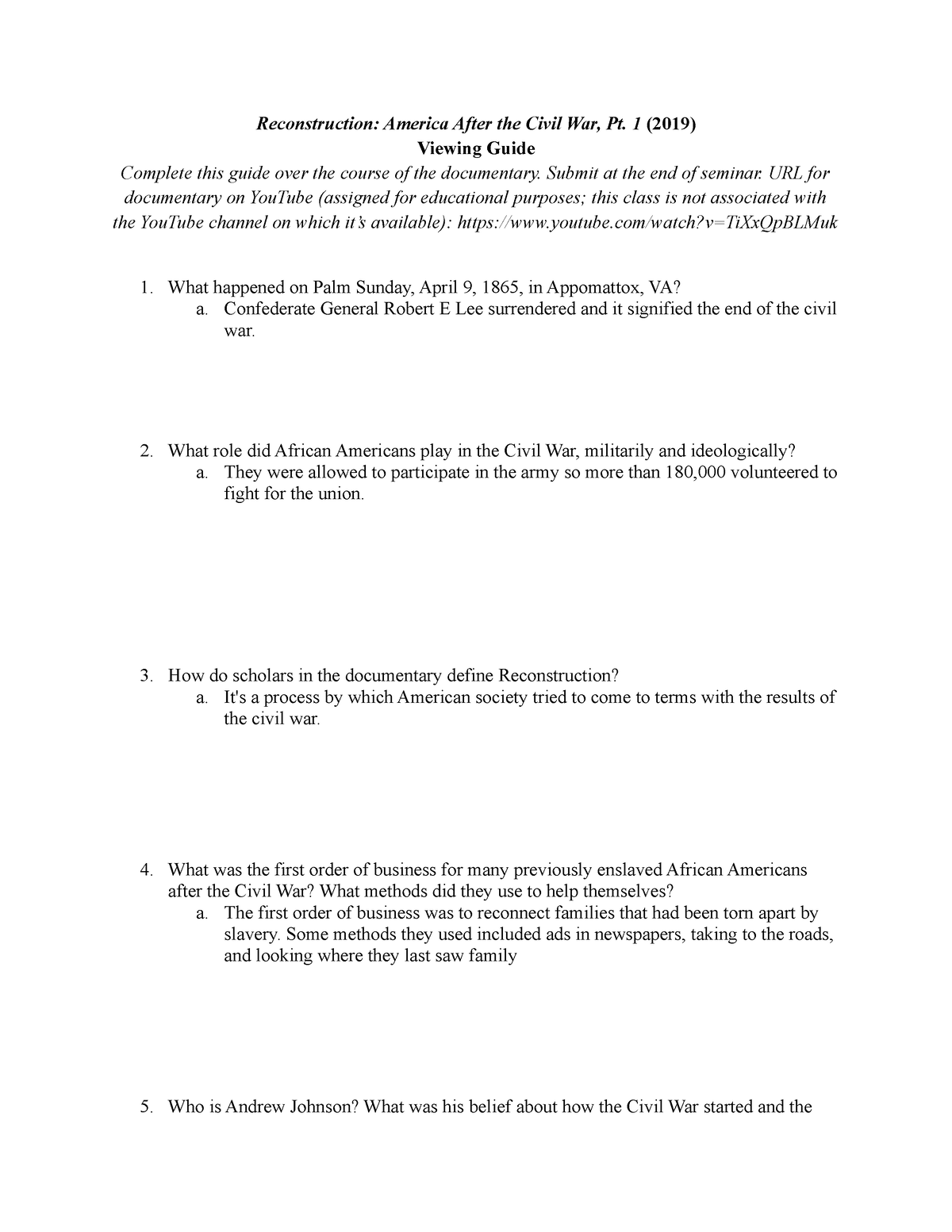 Reconstruction Video Questions Reconstruction America After The Worksheets Library