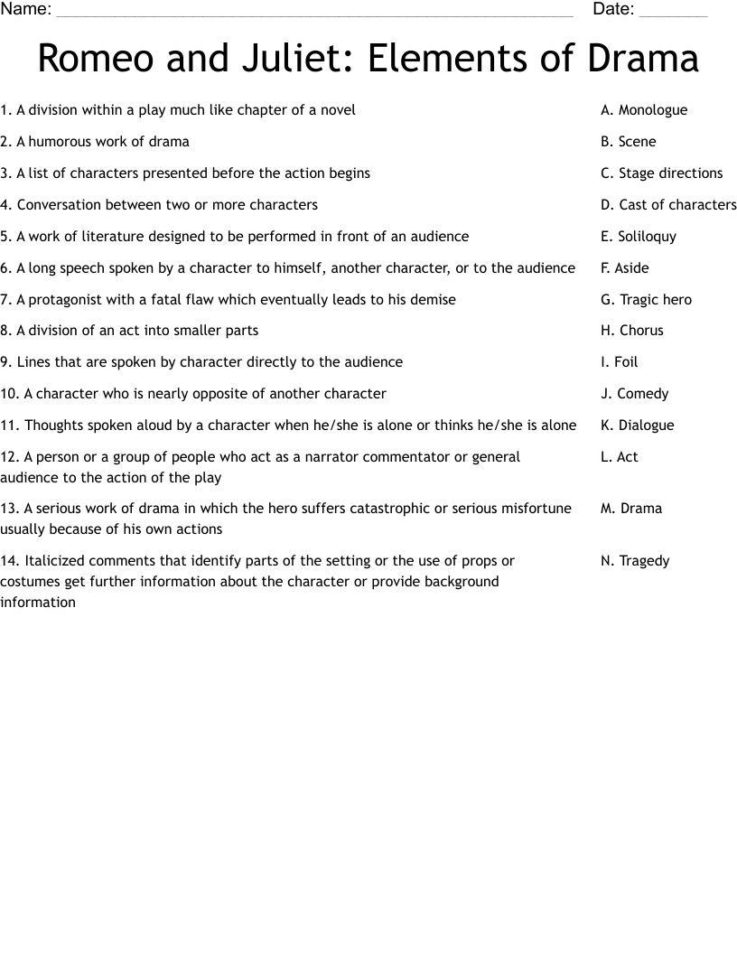 Romeo And Juliet Elements Of Drama Worksheet WordMint