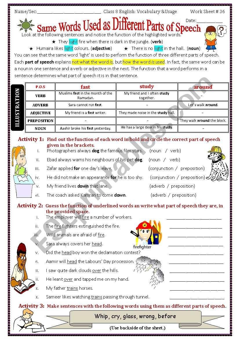 Parts Of Speech Worksheet Parts Of Speech Exercises 7ESL