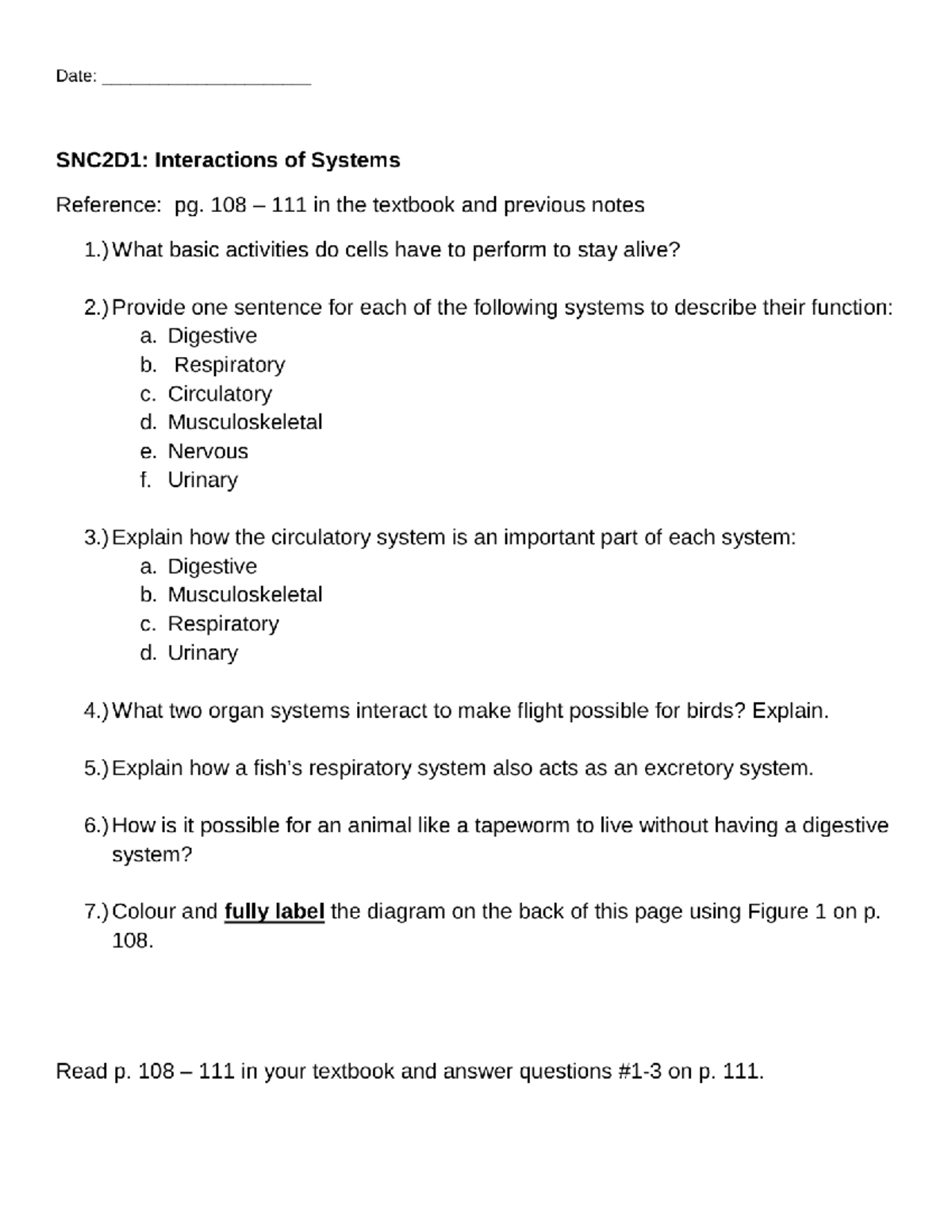 SNC2D1 Interactions Of Systems Worksheet Key Concepts Functions Studocu