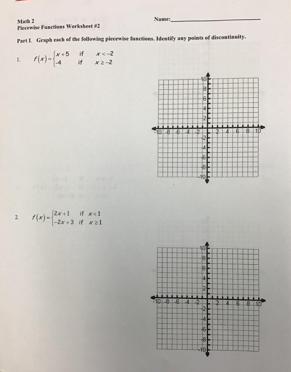 Math 2 Unit 8 Worksheet 2 Graphing Piecewise Functions Studocu
