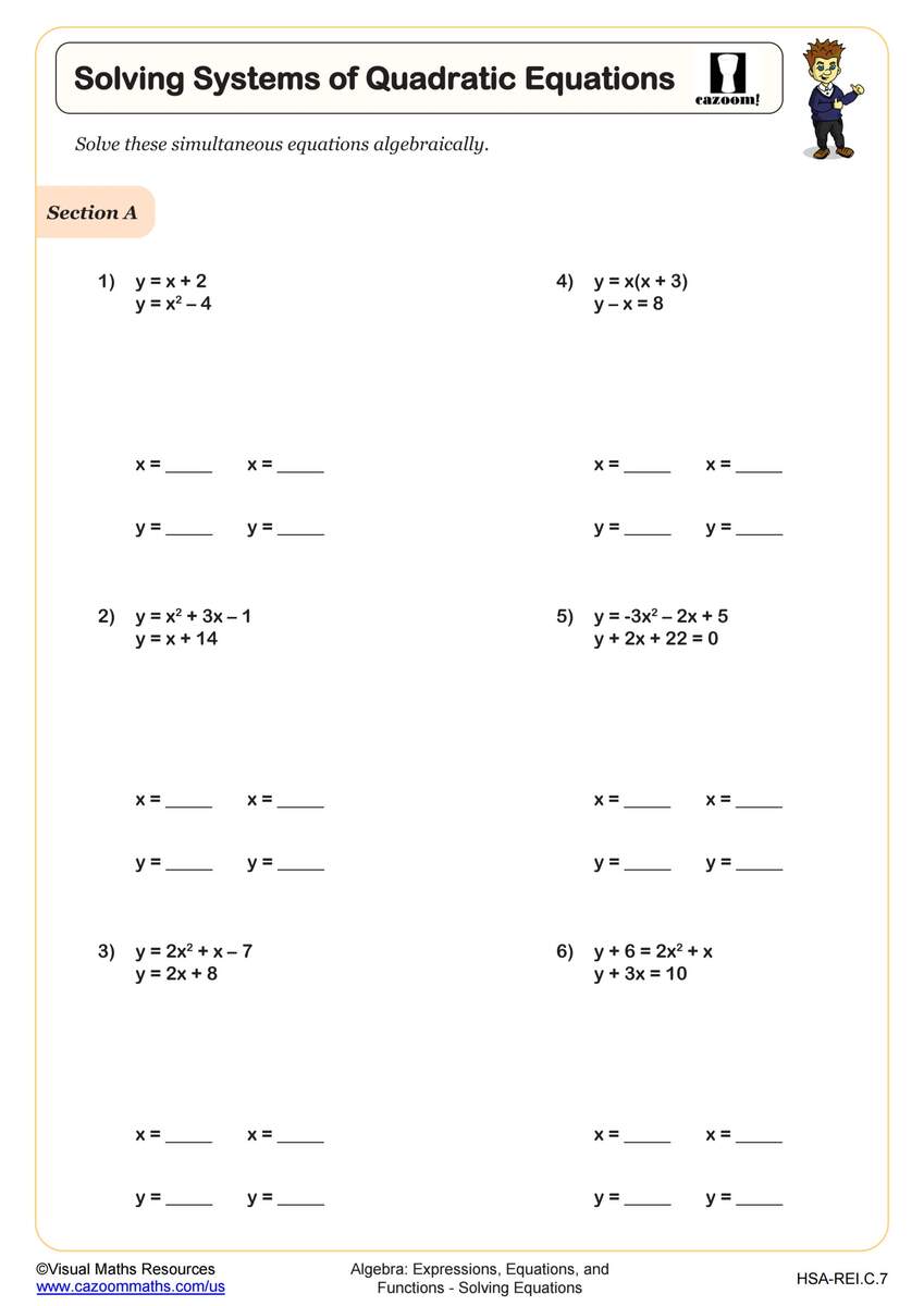 Solving Systems Of Quadratic Equations Worksheet Algebra II PDF Worksheets Cazoom Math