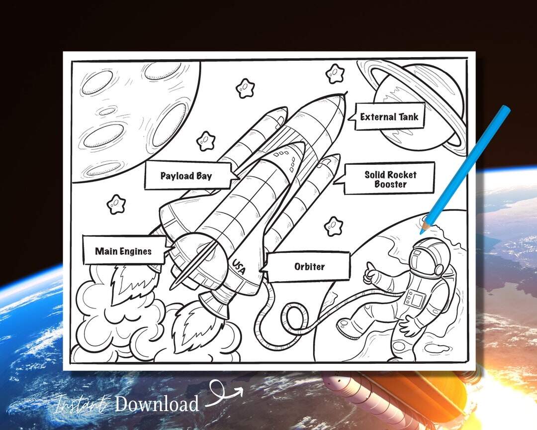 Spaceship Coloring Page Astronaut And Rocket Worksheet Space Shuttle Activity For Kids Outer Space Printable Astronomy Learning Sheet Etsy Israel