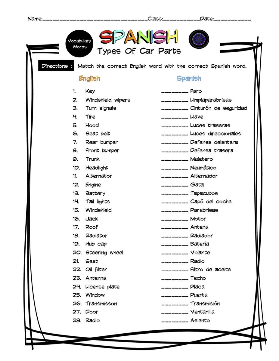 Spanish Car Parts Vocabulary Matching Worksheet Answer Key Made By Teachers Spanish Car Parts Vocabulary Matching Worksheet Answer Key Made By Teachers