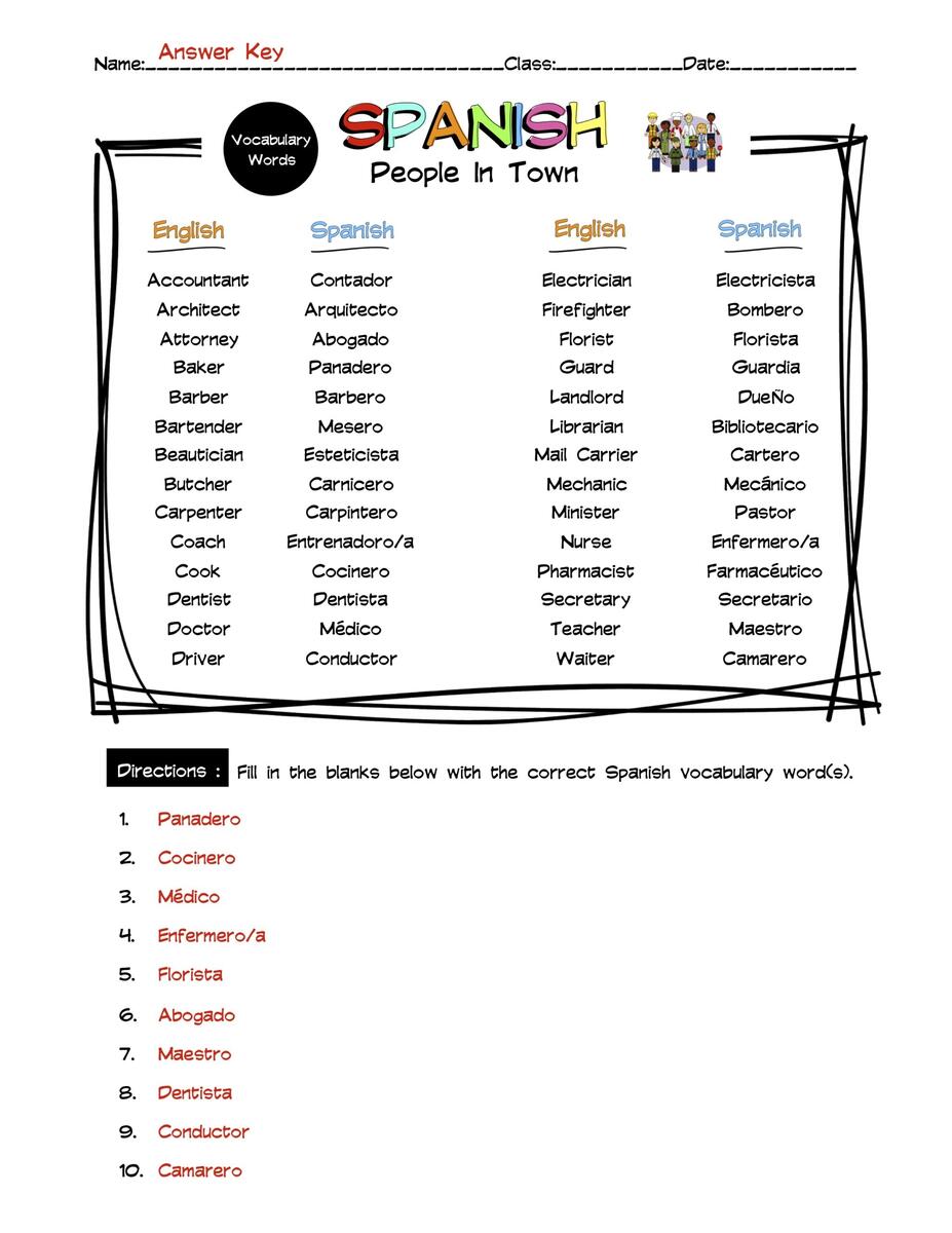 Spanish People In A Town Vocabulary Word List Worksheet Answer Key Made By Teachers Spanish People In A Town Vocabulary Word List Worksheet Answer Key Made By Teachers