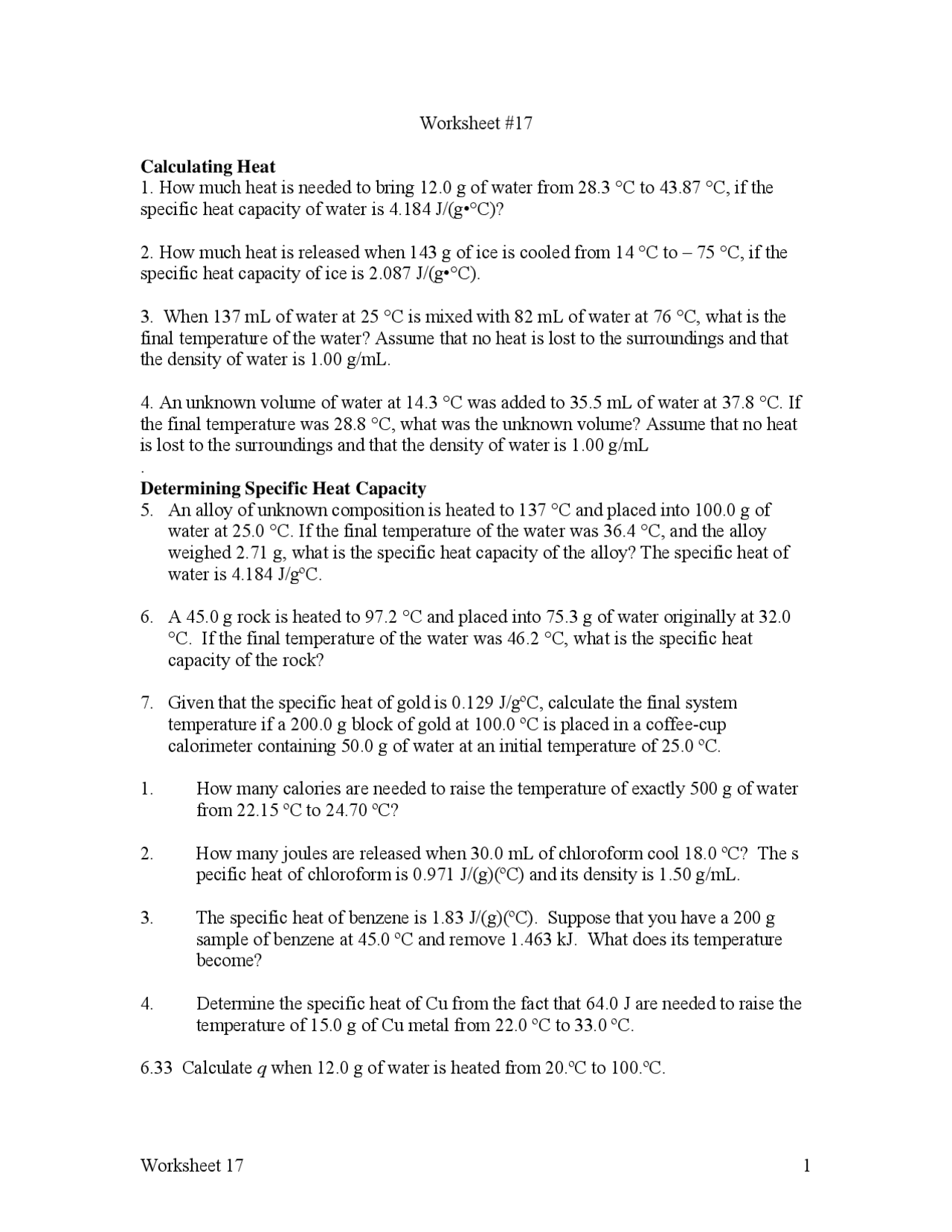 Specific Heat Q Mc T Worksheet Key Exercises Chemistry Docsity Specific Heat Q Mc T Worksheet Key Exercises Chemistry Docsity