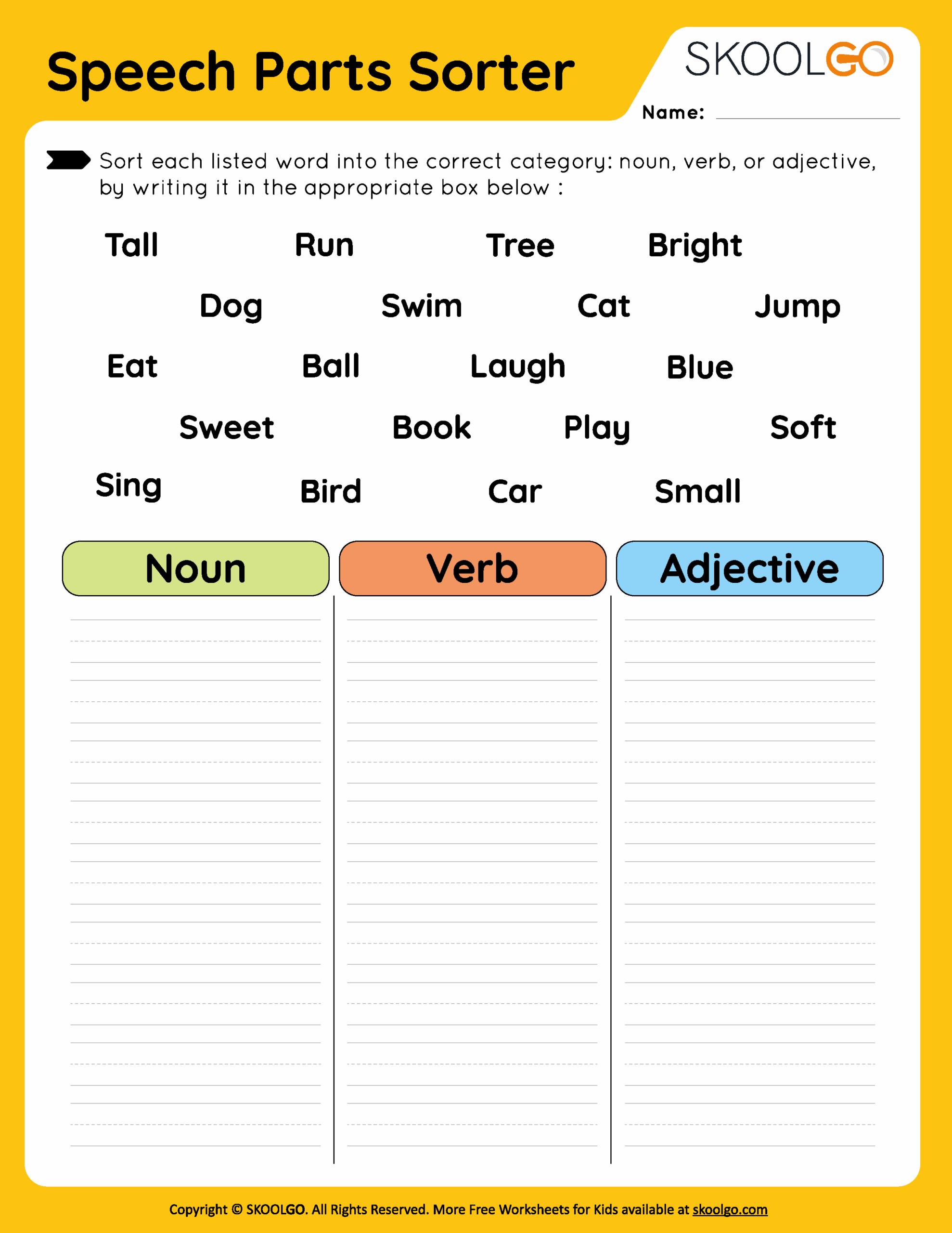 Speech Parts Sorter Free Worksheet For Kids SKOOLGO