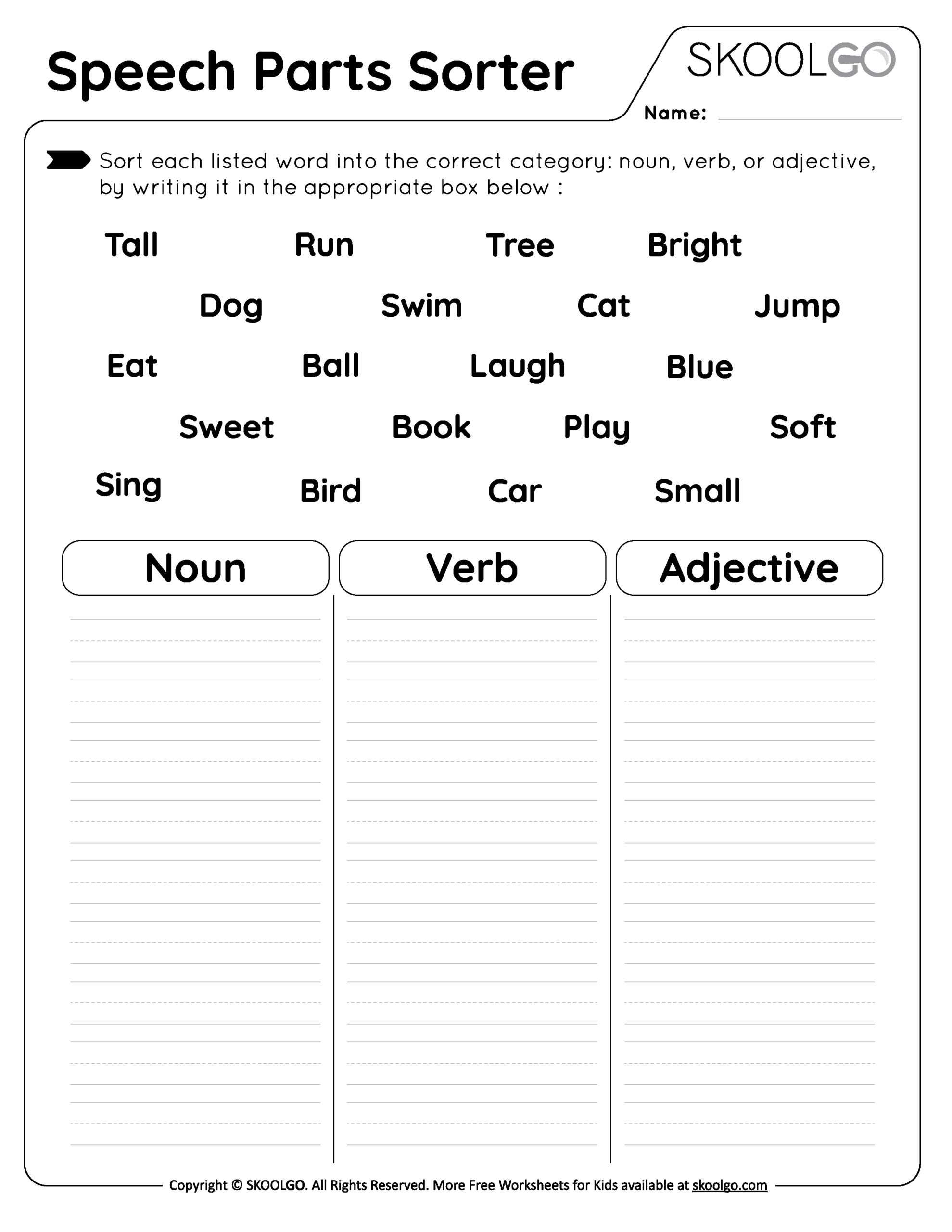 Speech Parts Sorter Free Worksheet For Kids SKOOLGO Parts Of Speech Worksheet Nouns Verbs Prepositions Adjectives For K 5 Teachers And Students In The Language Arts Phonics Grammar Writing Classroom Classful