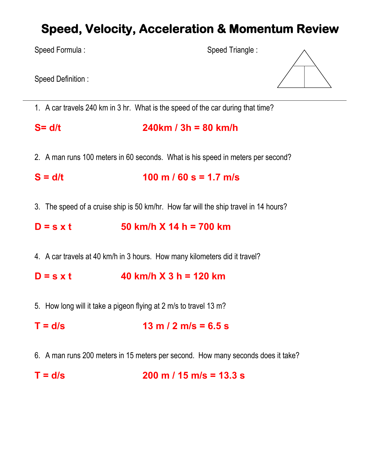 Speed Velocity Acceleration Momentum Review Worksheet