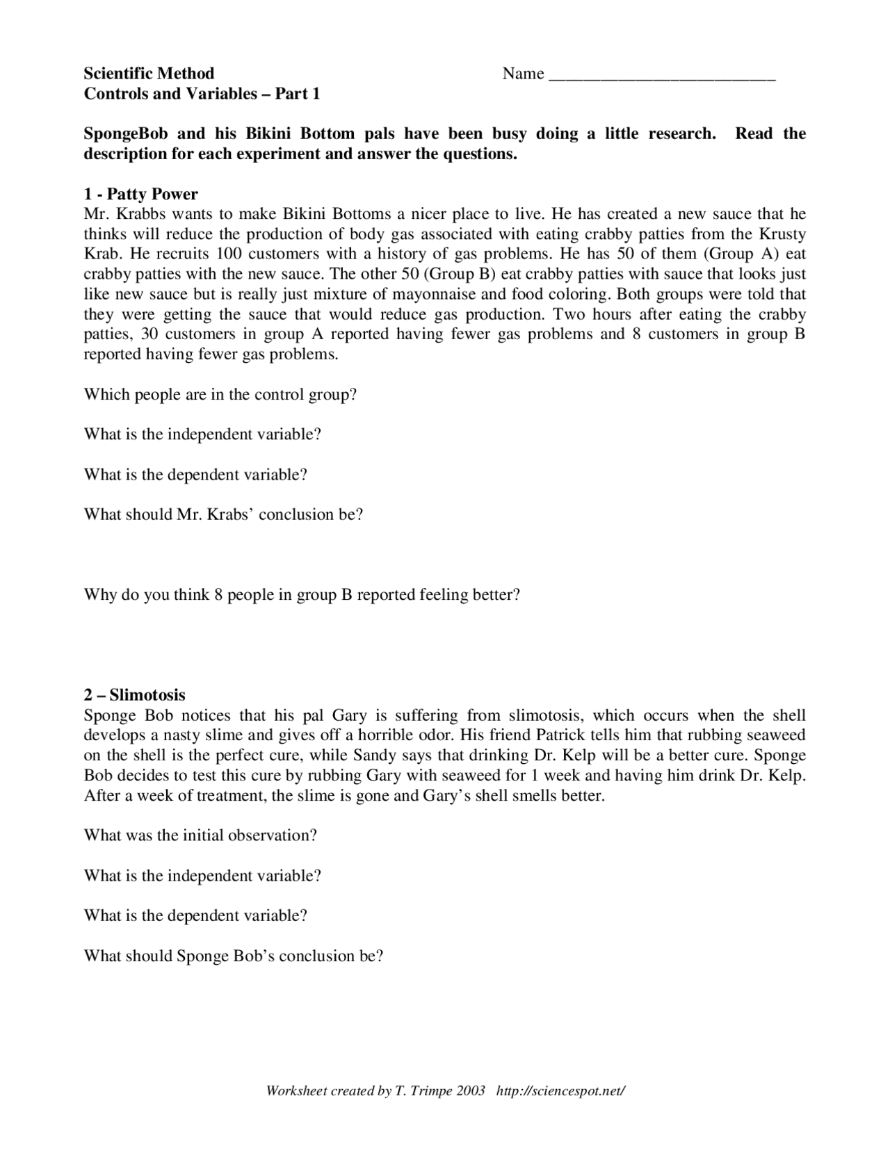 Spongebob Scientific Method Controls And Variables Worksheet Key Exercises Research Methodology Docsity
