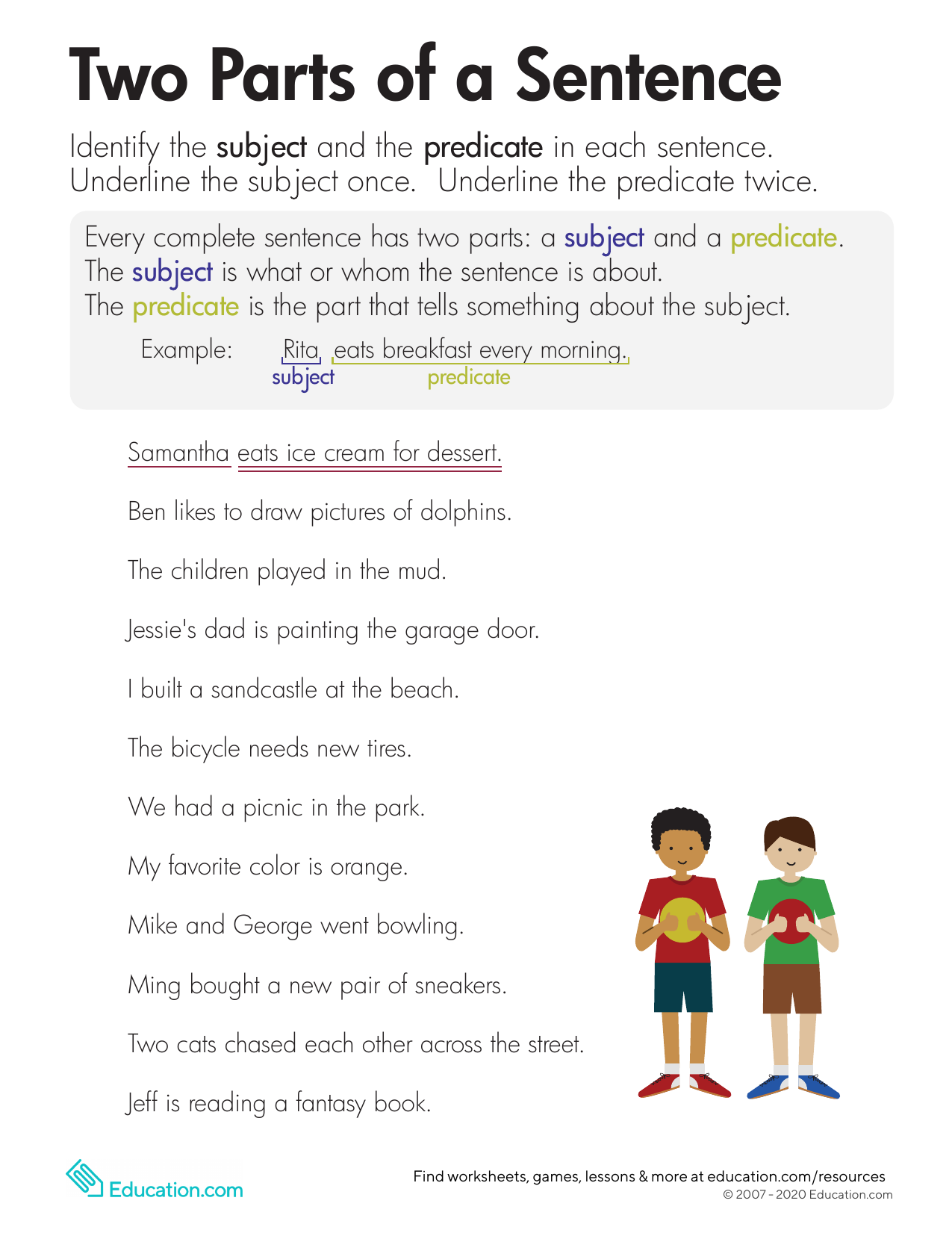 Subject And Predicate Worksheet Sentence Parts Subject And Predicate Worksheet Sentence Parts