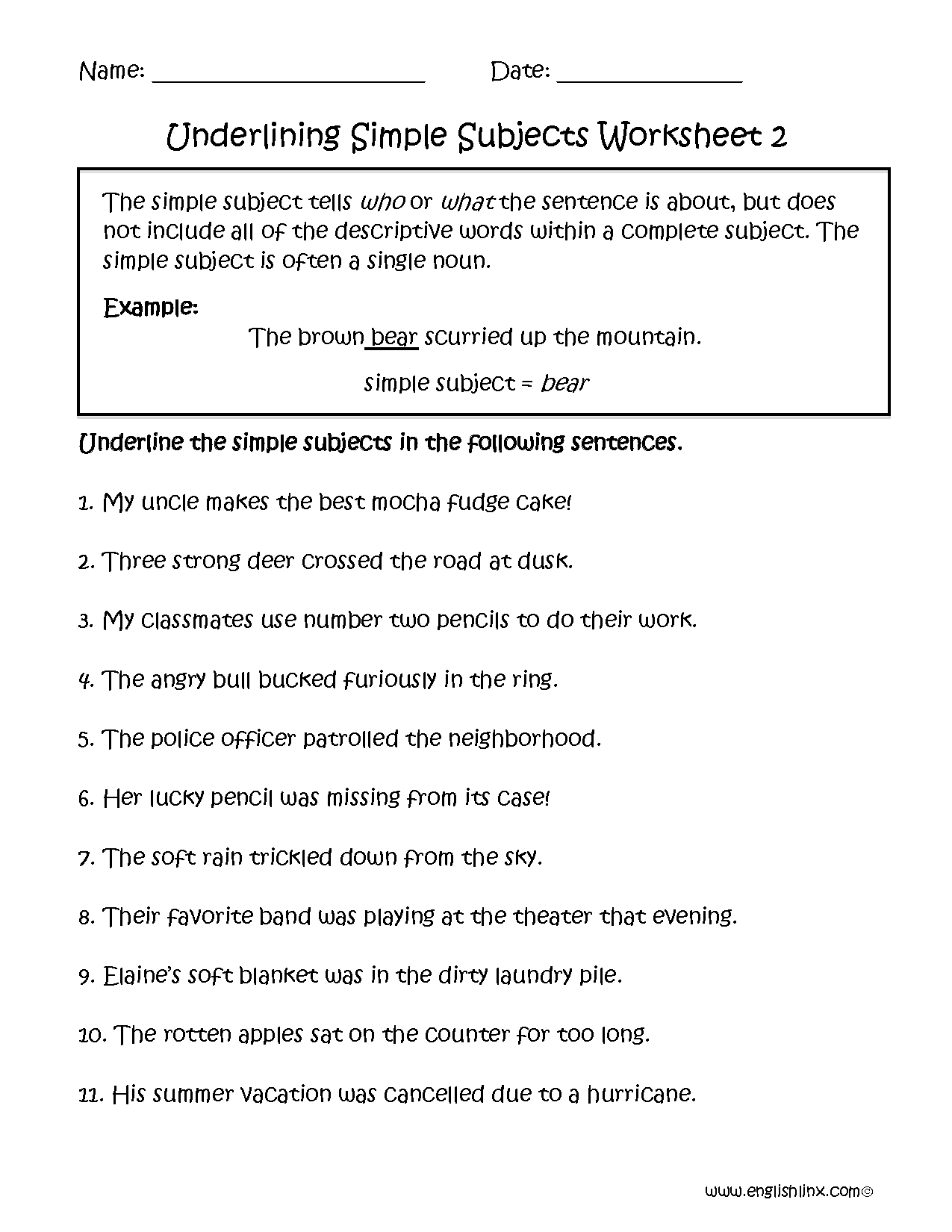 Subject And Predicate Worksheets Underlining Simple Subject Worksheet Part 2
