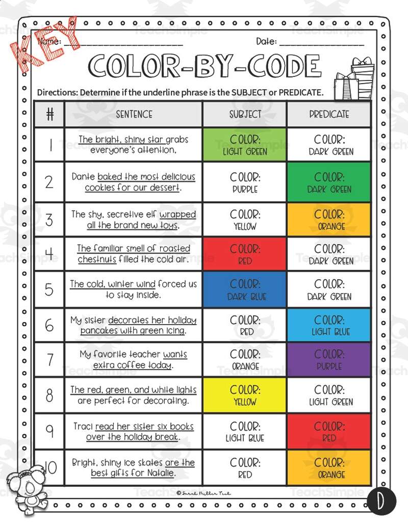 Subject Predicate Christmas Color By Code Worksheets By Teach Simple