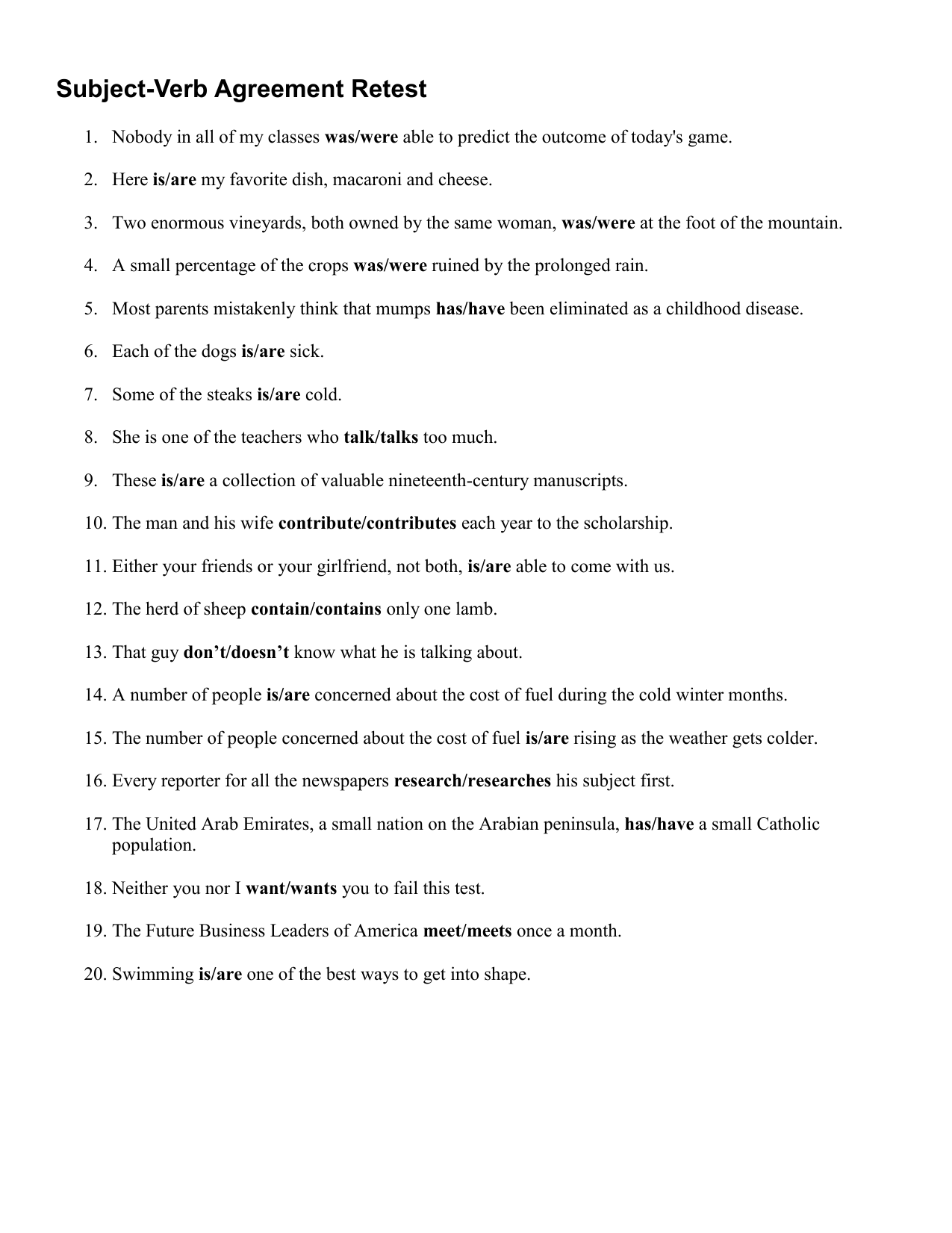 Subject Verb Agreement Retest Subject Verb Agreement Retest