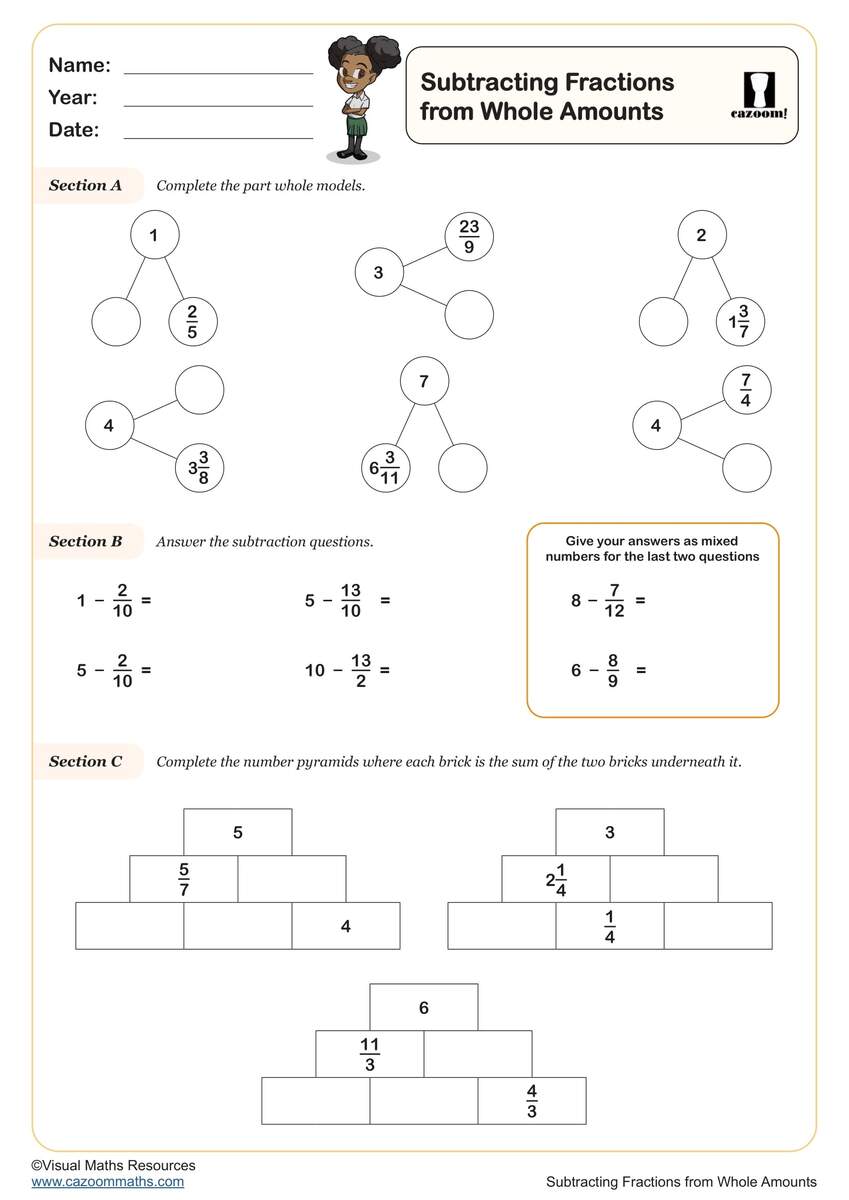 Subtracting Fractions From Whole Amounts Key Stage 2 Fractions Worksheet