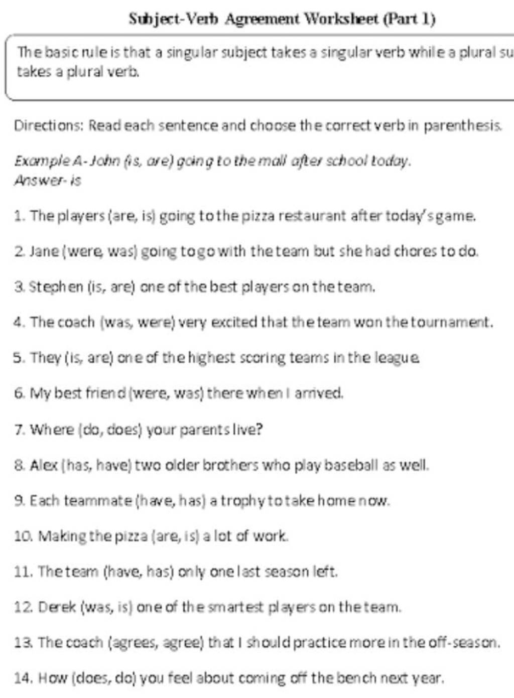 Suhject Verb Agreement Worksheet Part 1 The Basic Rule Is That A Singul