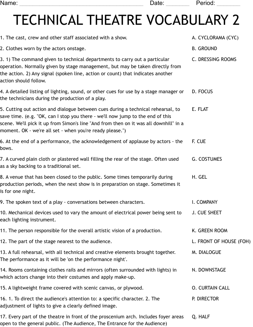 TECHNICAL THEATRE VOCABULARY 2 Worksheet WordMint