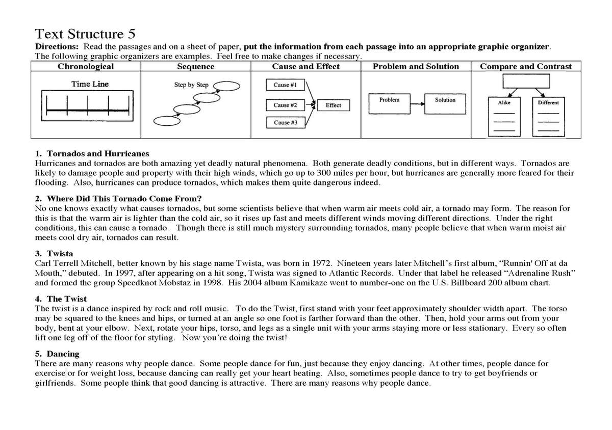 Text Structure Worksheet 5 Reading Activity