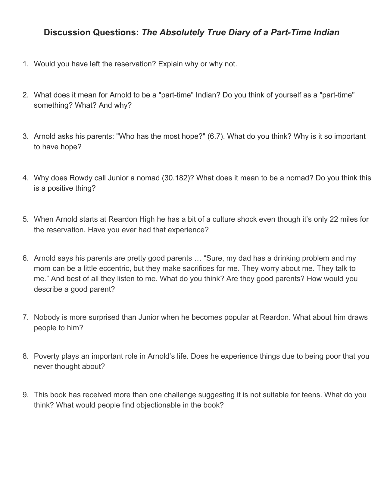 The Absolutely True Diary Discussion Questions