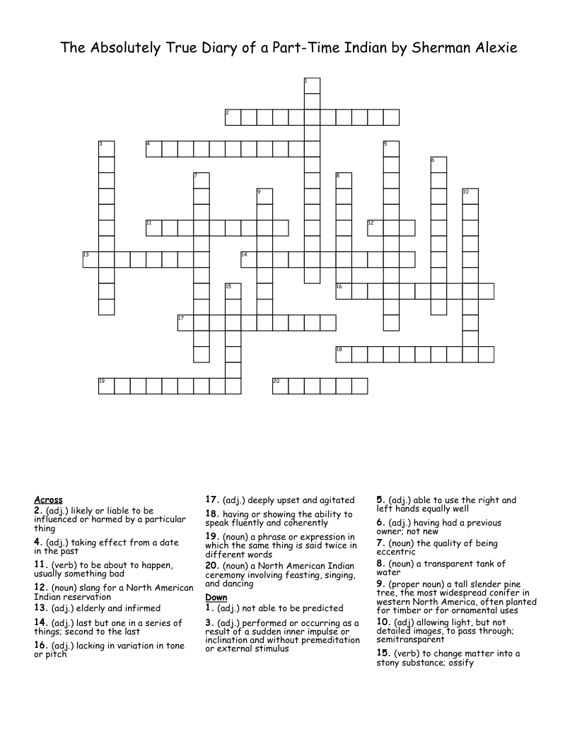 The Absolutely True Diary Of A Part Time Indian By Sherman Alexie Crossword WordMint