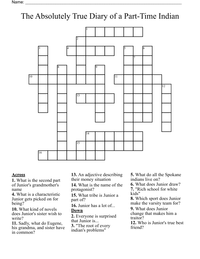 The Absolutely True Diary Of A Part Time Indian Crossword WordMint The Absolutely True Diary Of A Part Time Indian Crossword WordMint