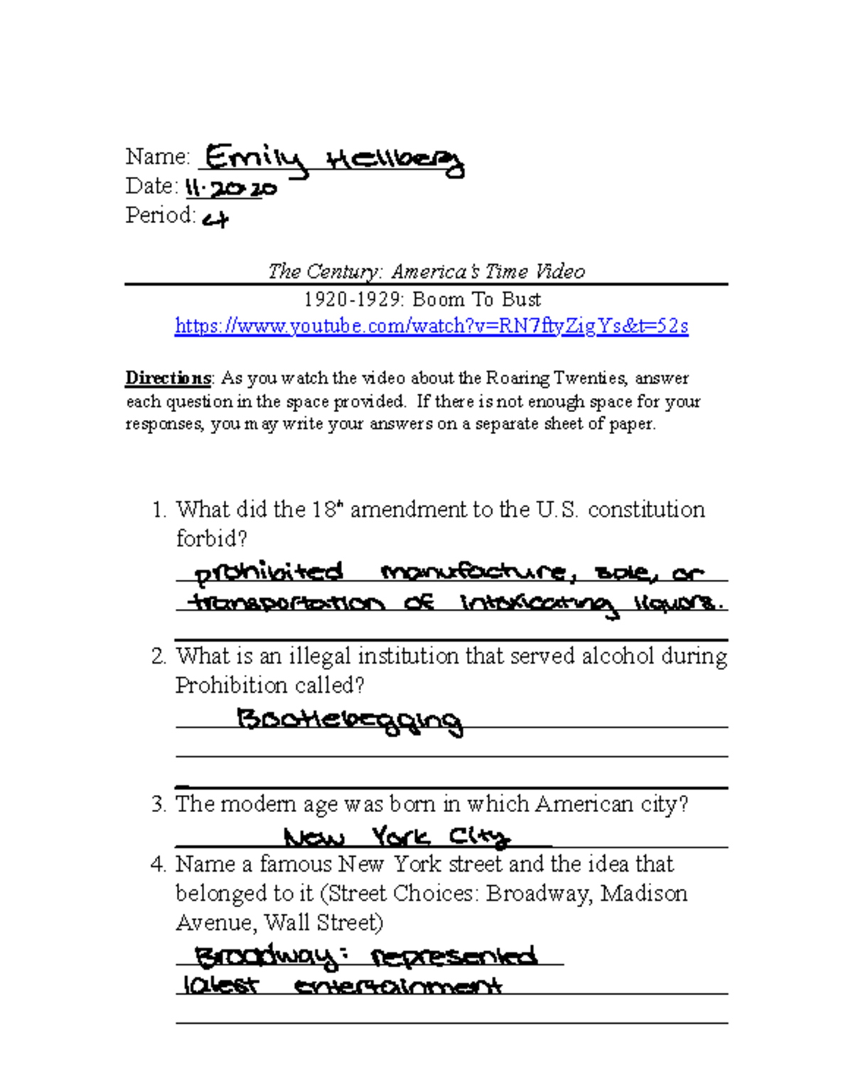 The Century America S Time Video 1920 1929 Boom To Bust Q A Guide Studocu