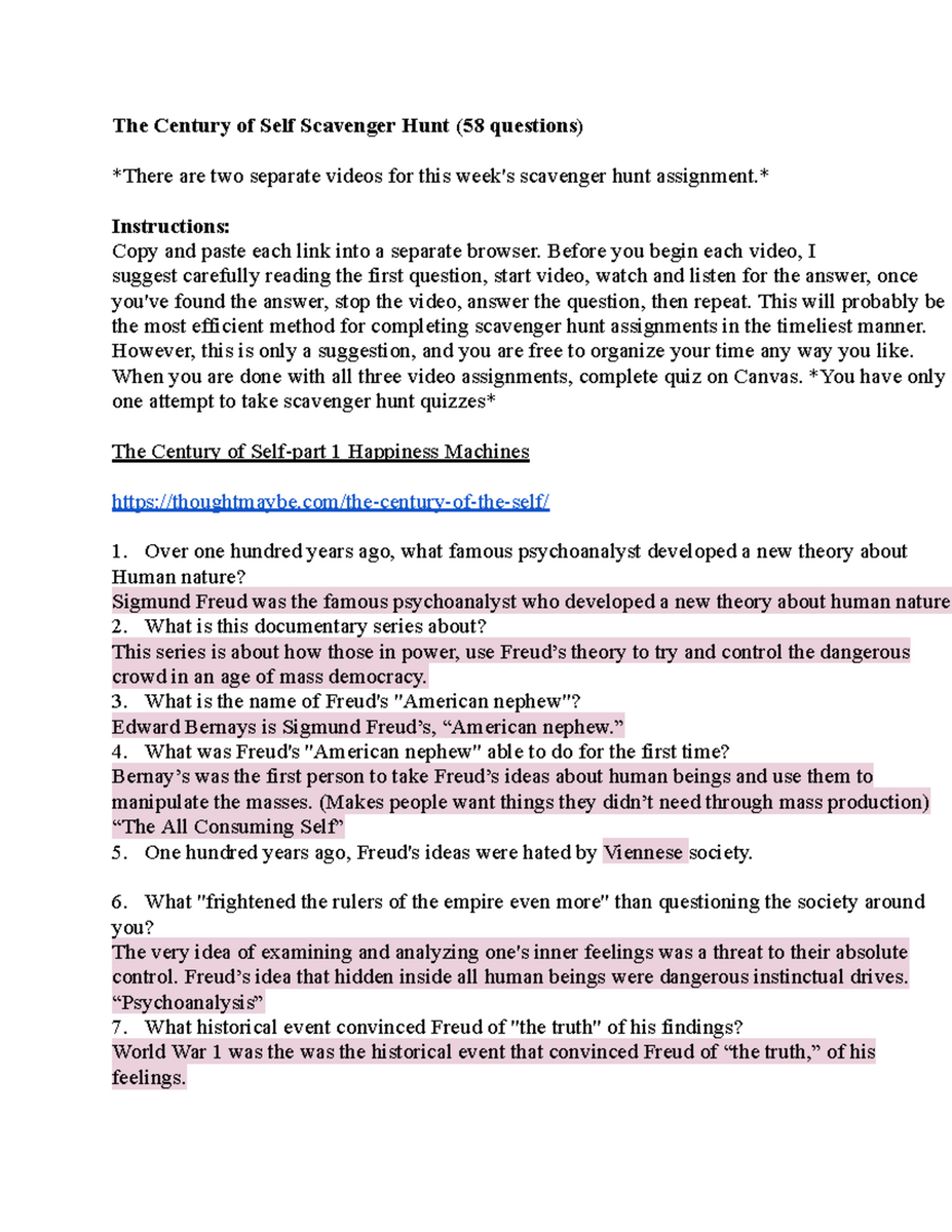 The Century Of Self Scavenger Hunt 58 Questions Assignment Guide Studocu