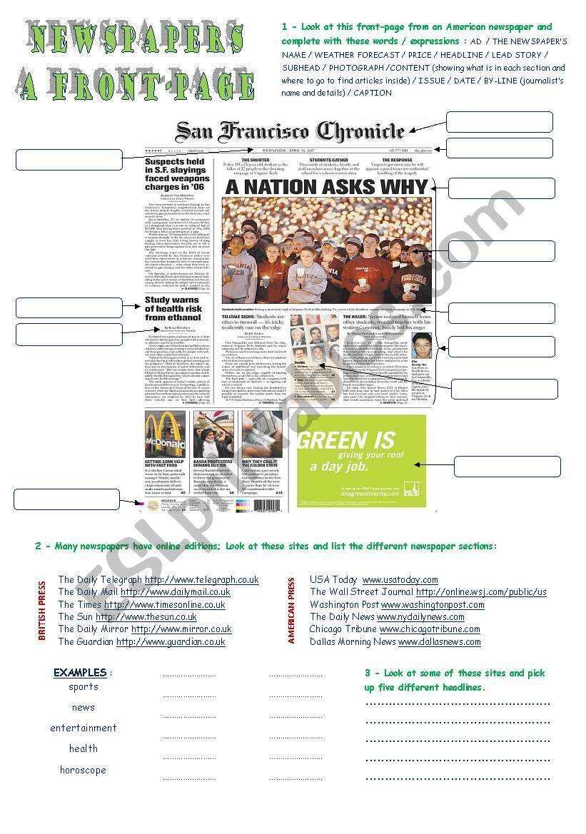The Front Page Of A Newspaper ESL Worksheet By Estelle73 The Front Page Of A Newspaper ESL Worksheet By Estelle73