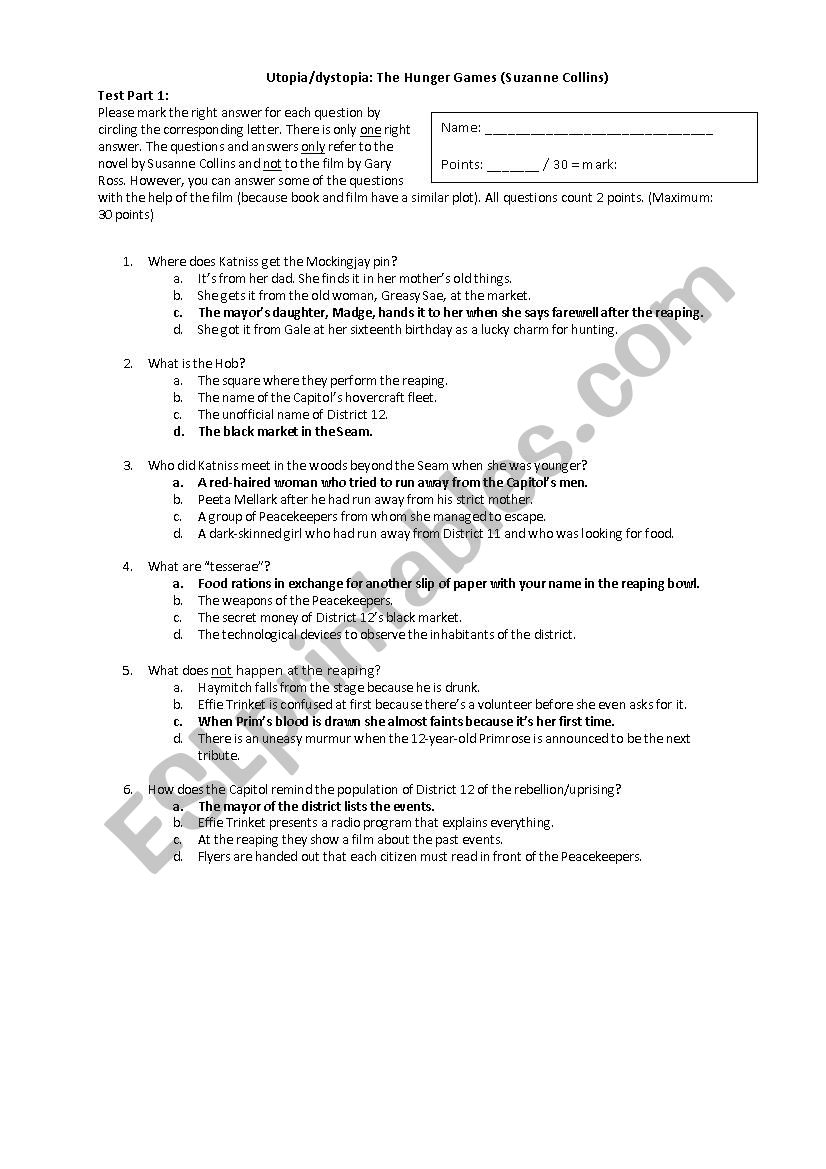 The Hunger Games Suzanne Collins Part 1 Test ESL Worksheet By GermanKraut The Hunger Games Suzanne Collins Part 1 Test ESL Worksheet By GermanKraut