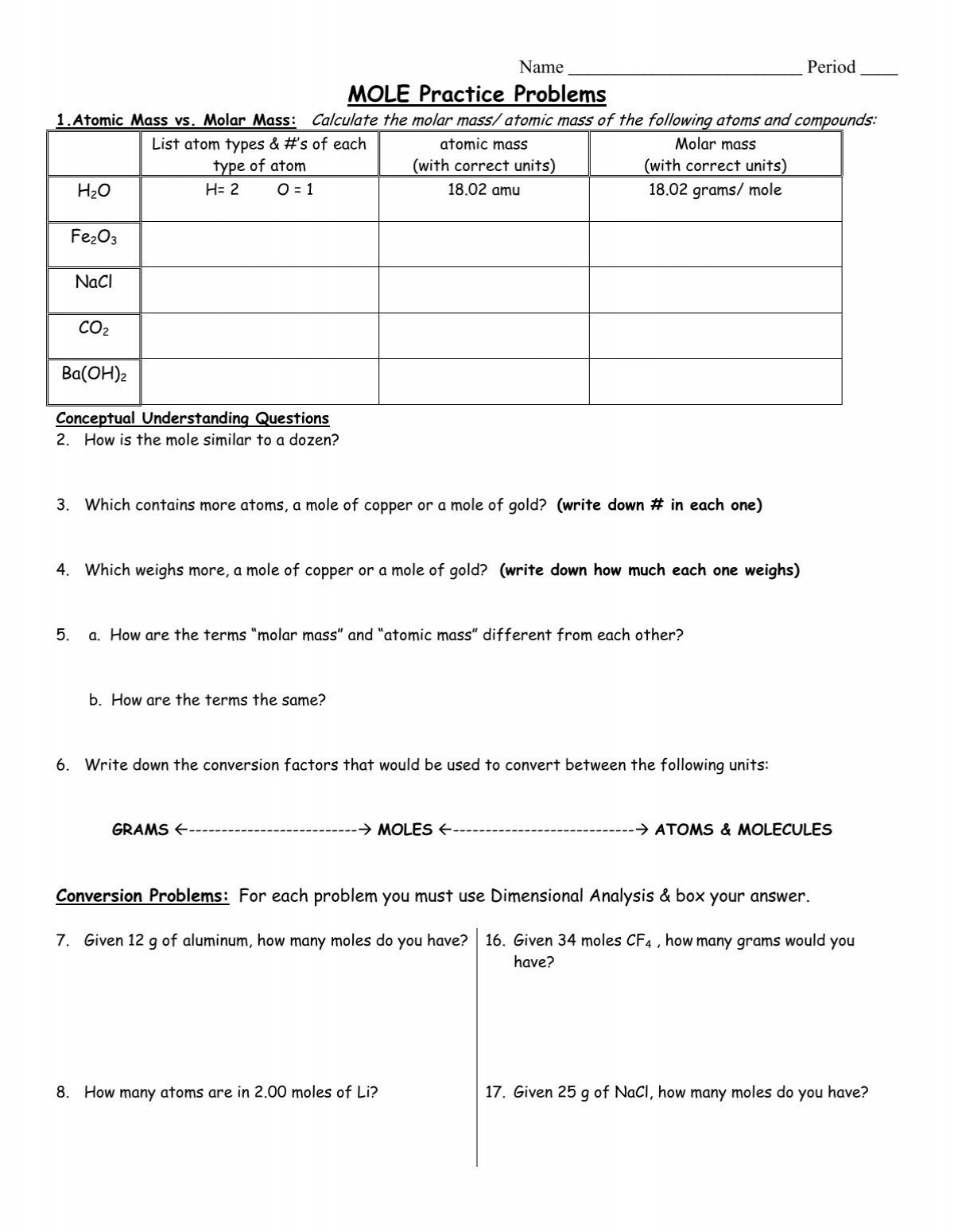 The Mole Worksheet The Mole Worksheet