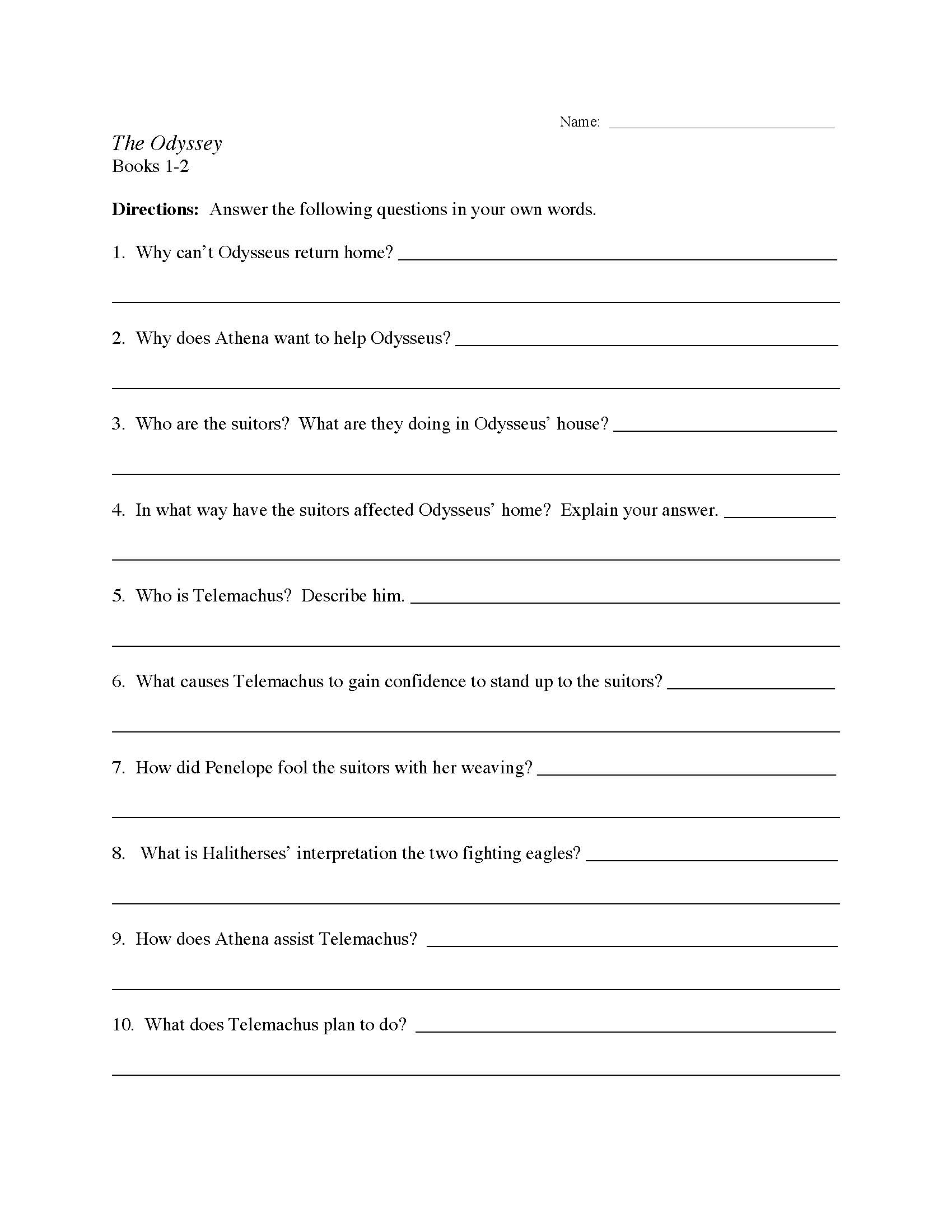 The Odyssey Chapters 1 2 Worksheet Preview