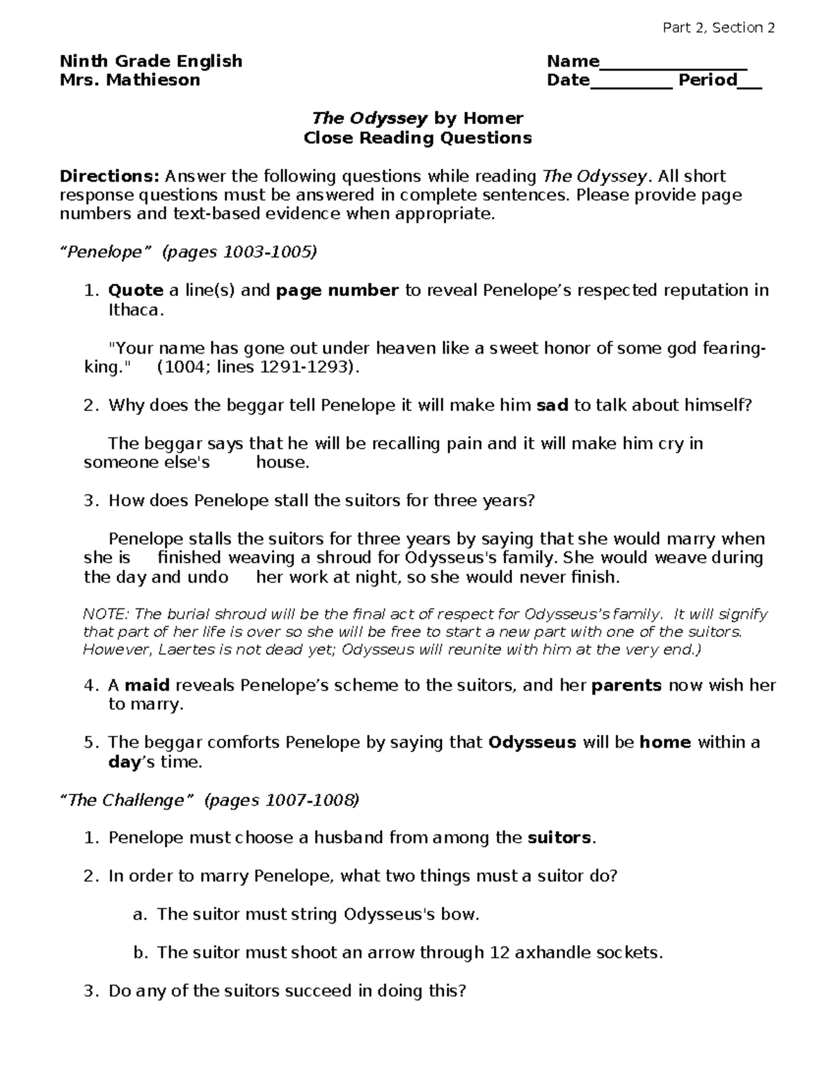 The Odyssey Part II Close Reading Questions Penelope S Challenge KEY Studocu