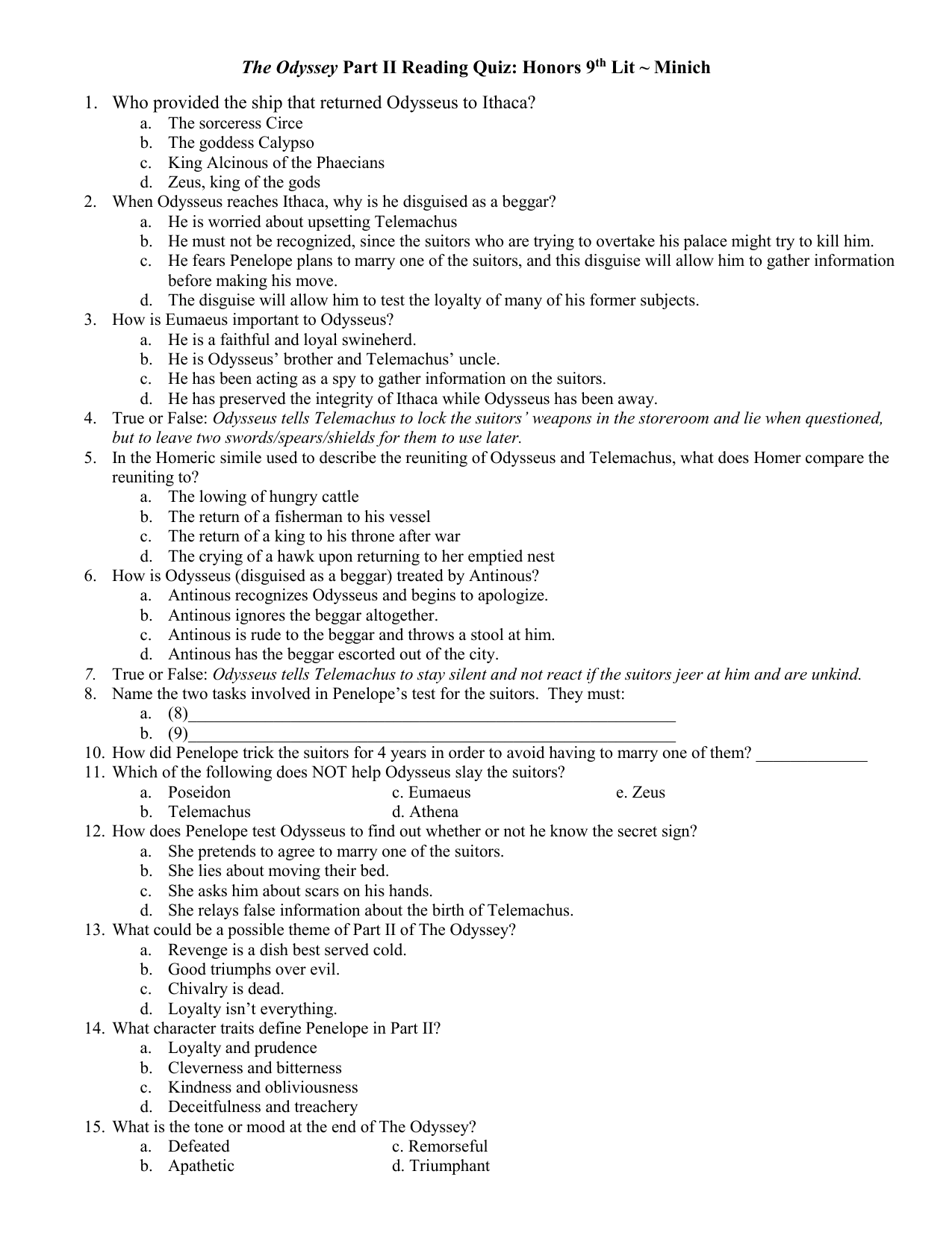 The Odyssey Part II Quiz Honors 9th Lit