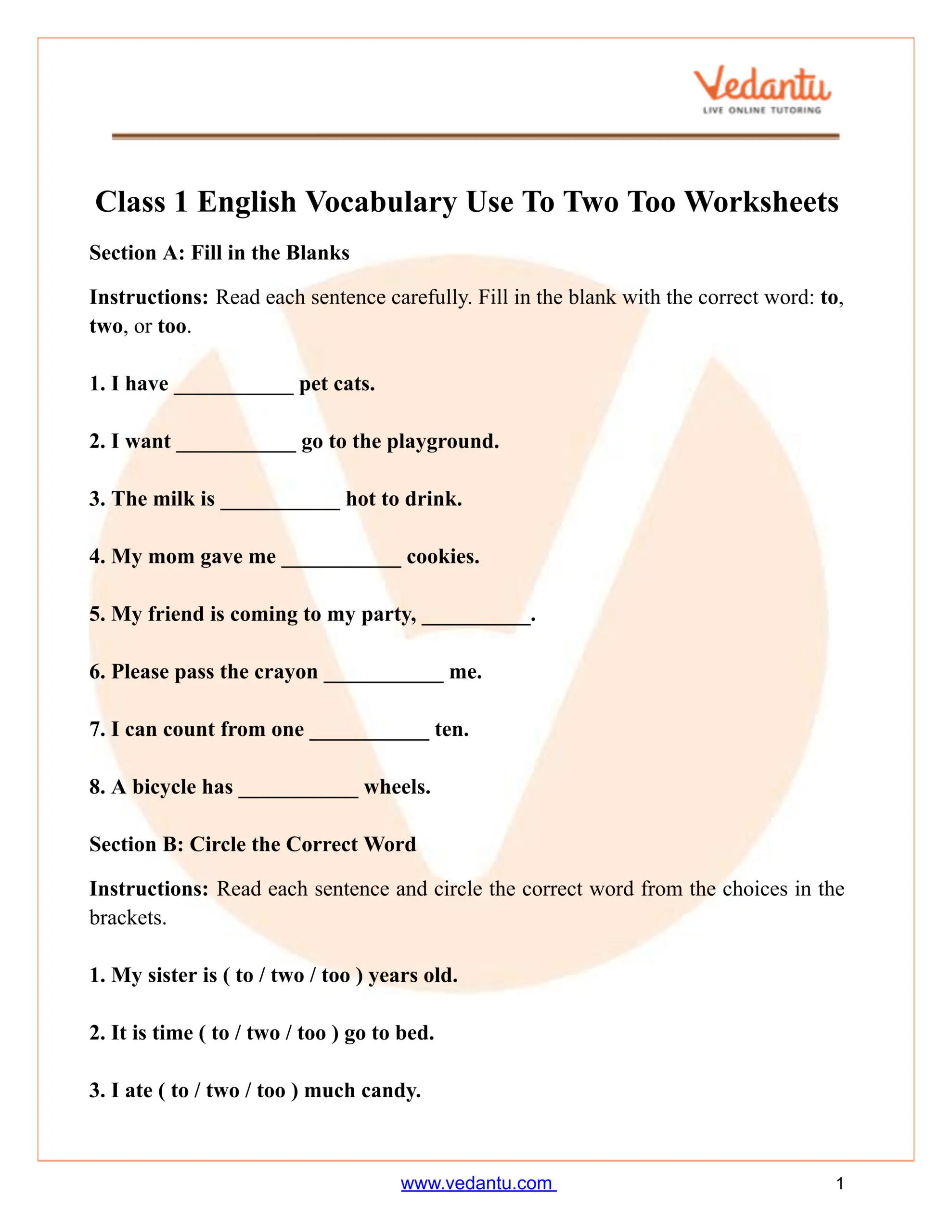 To Too Two Worksheet For Class 1 Free PDF Practice