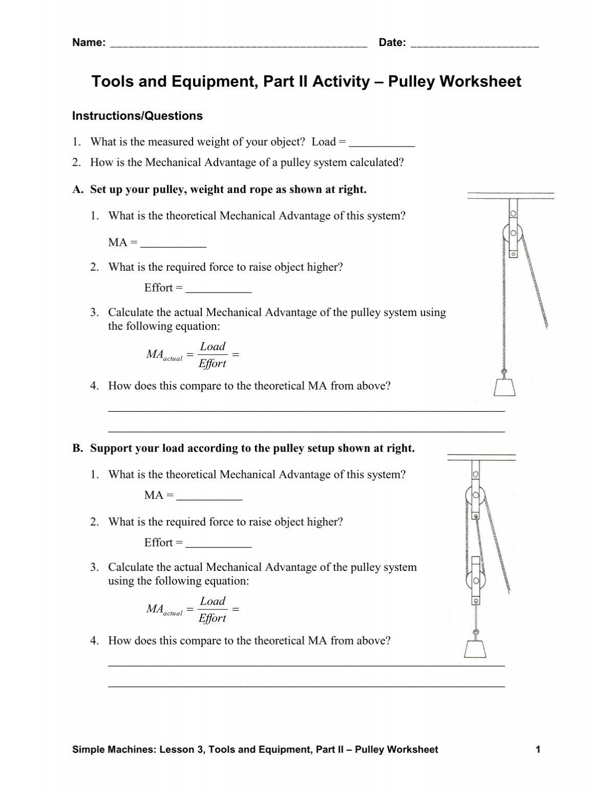 Tools And Equipment Part II Activity Pulley Worksheet Teach Pulley Mus Lina Worksheets Library