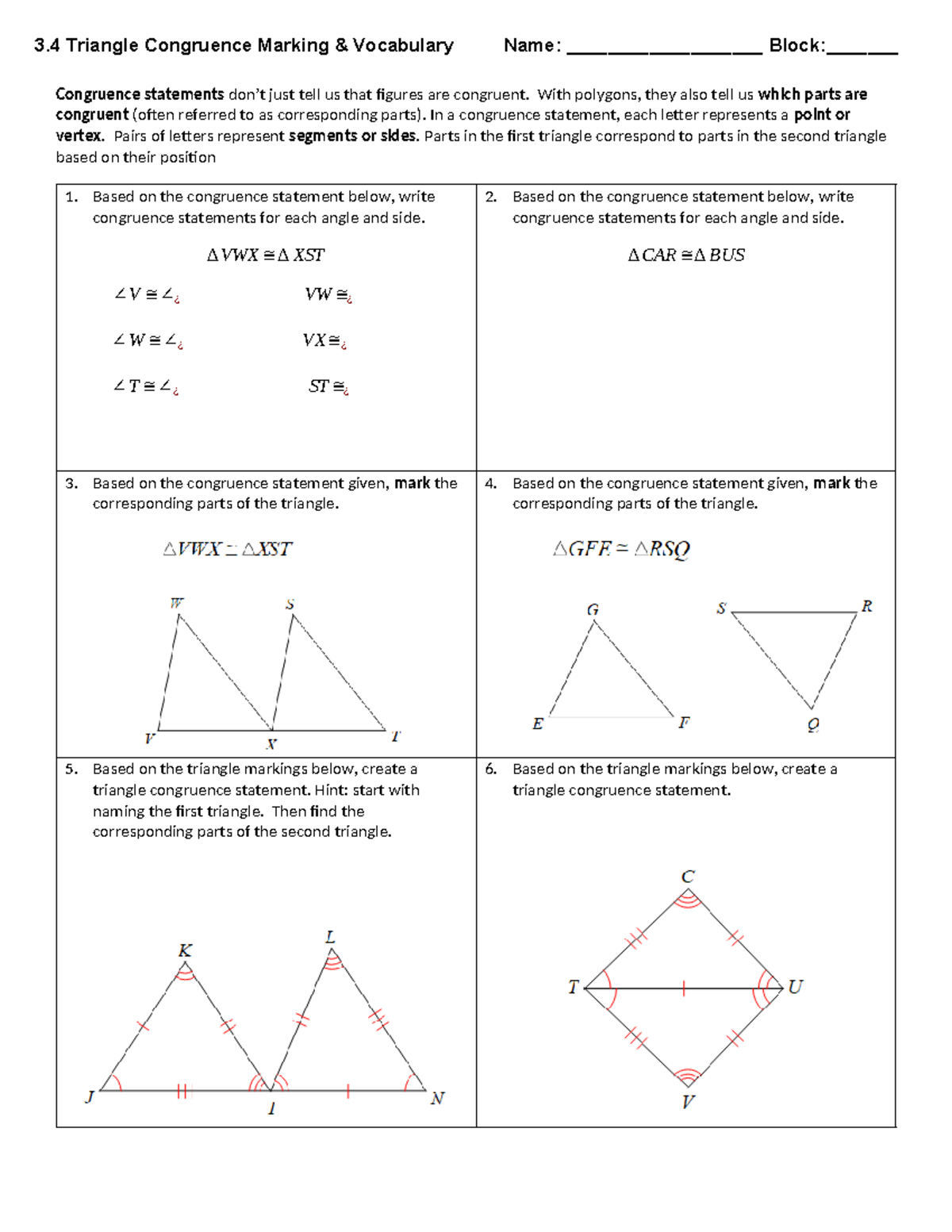 Triangle Congruence Marking Vocab Statements Unit 3 Exercise Studocu