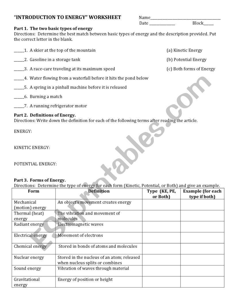 Types Of Energy Worksheet Worksheets Library