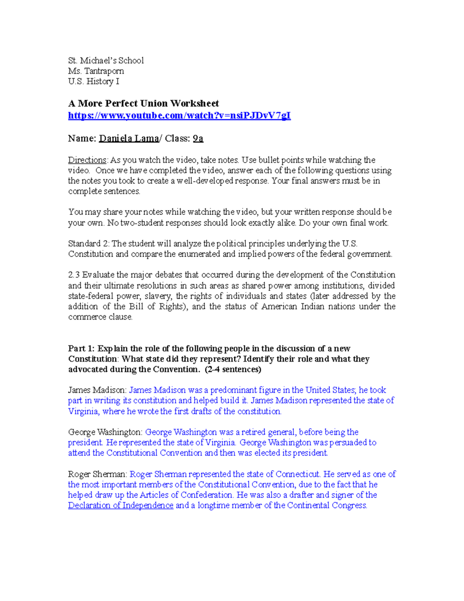 U S History I A More Perfect Union Worksheet Notes Analysis Studocu